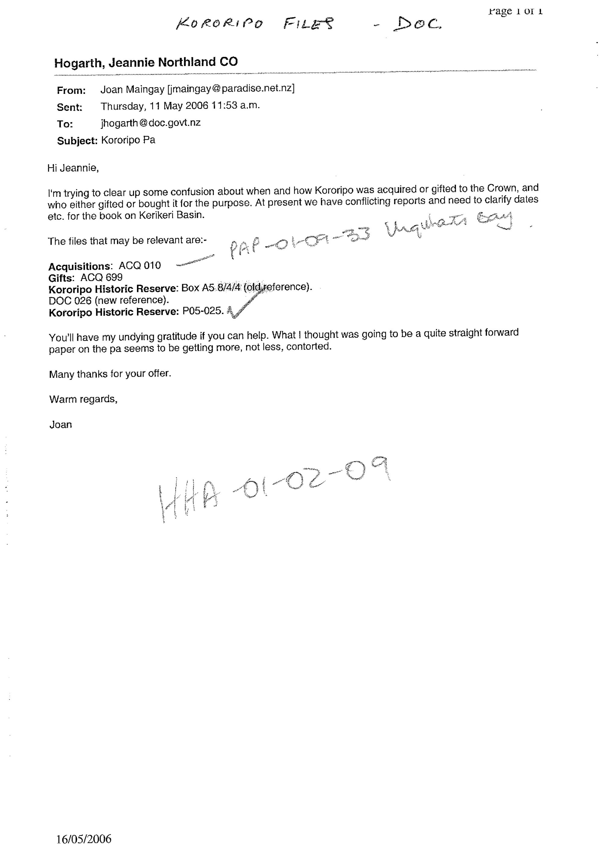 request for Kororipo files for book on Kerikeri Basin