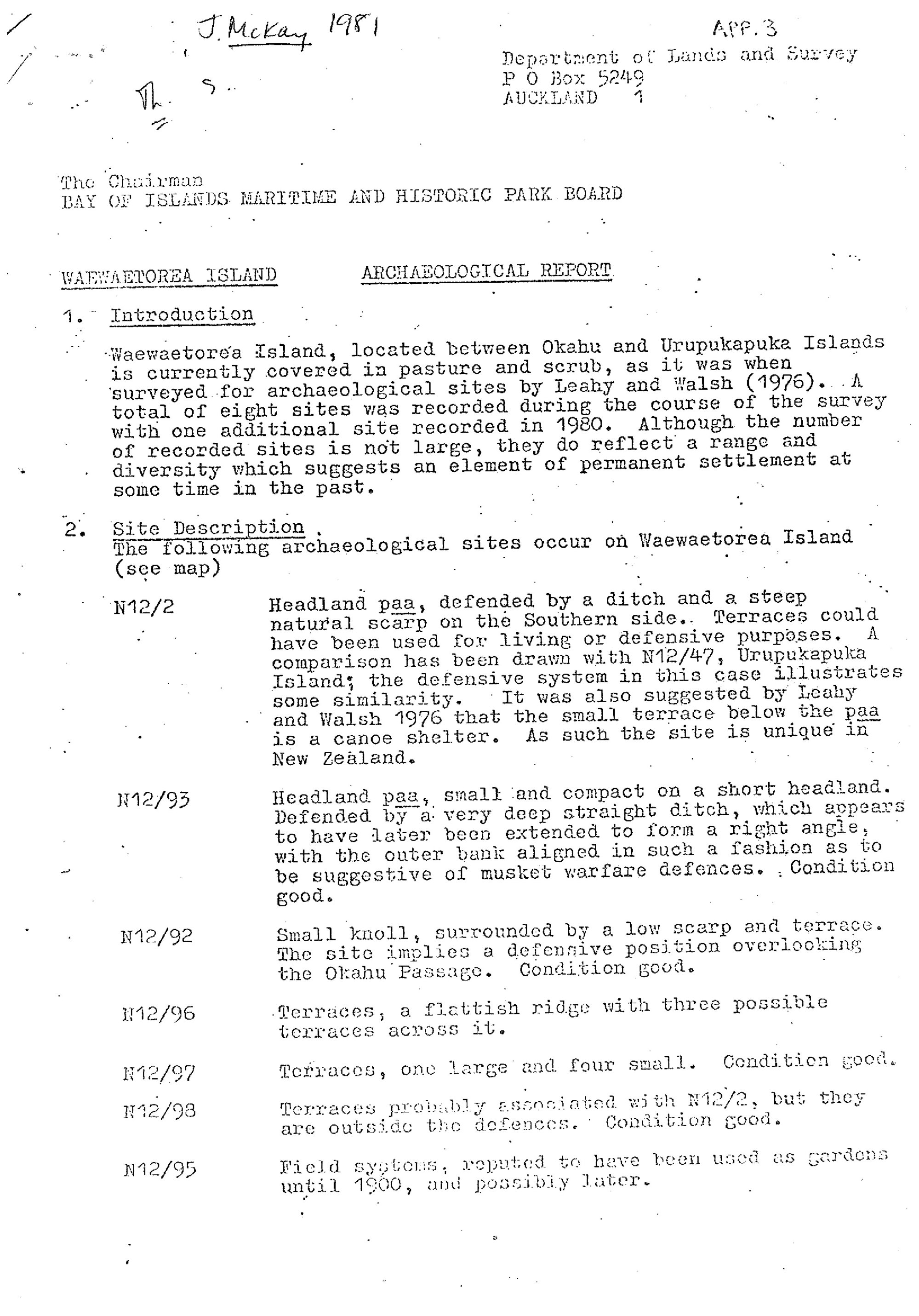 Waewaetorea Island. Archaeological Report