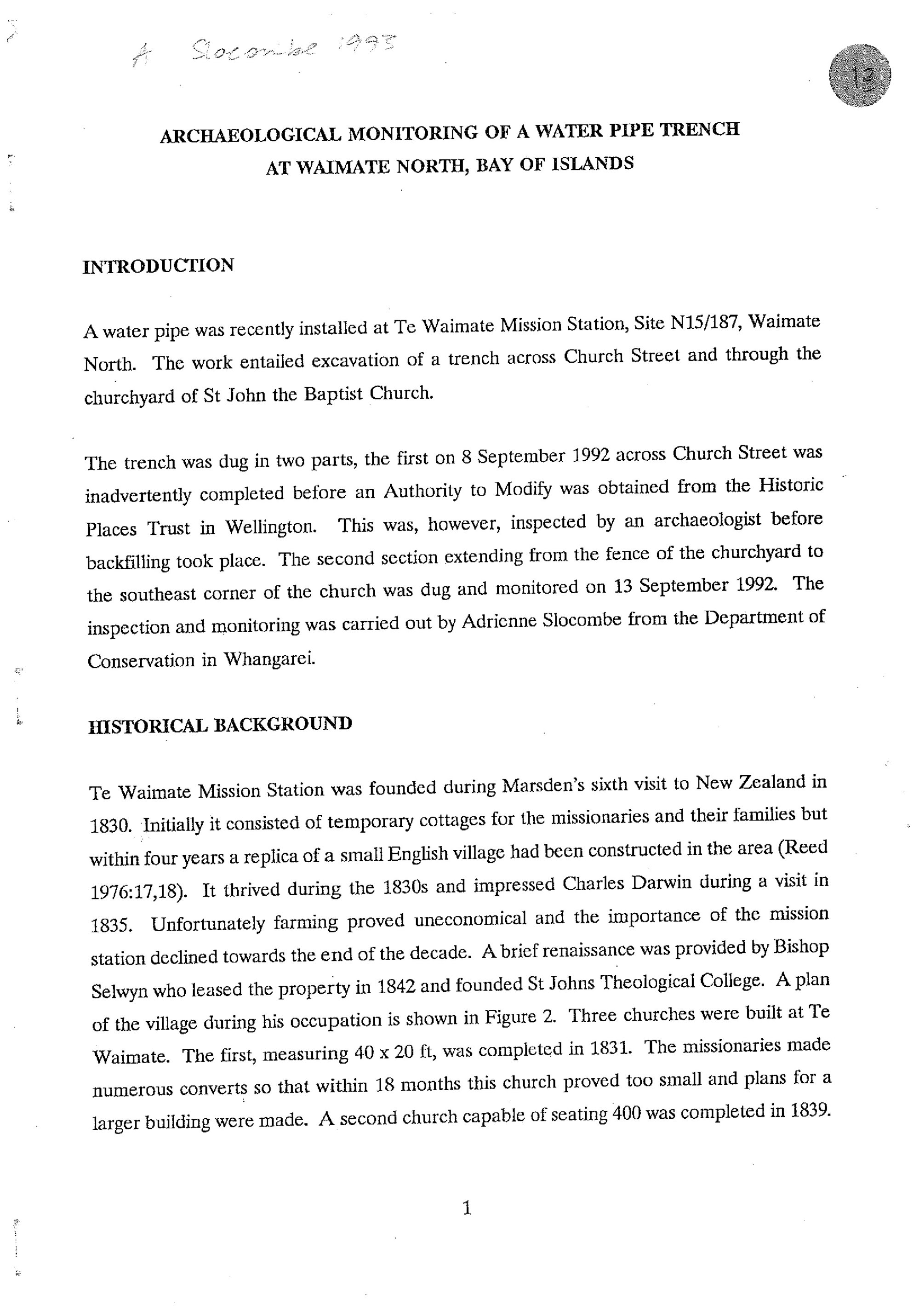 Archaeological Monitoring of a Water Pipe Trench at Waimate North