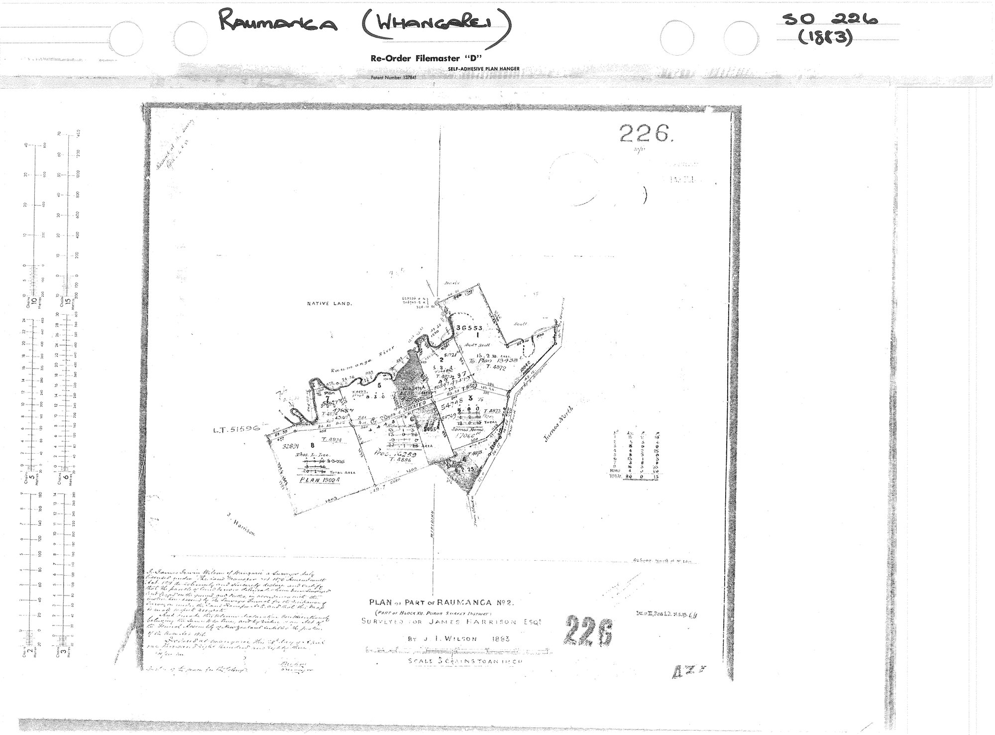 Plan of part of Raumanga no.2 (part of Block XII Pura Survey District) : Surveyed for James Harrison Esq. By J I Wilson, S.O. 22