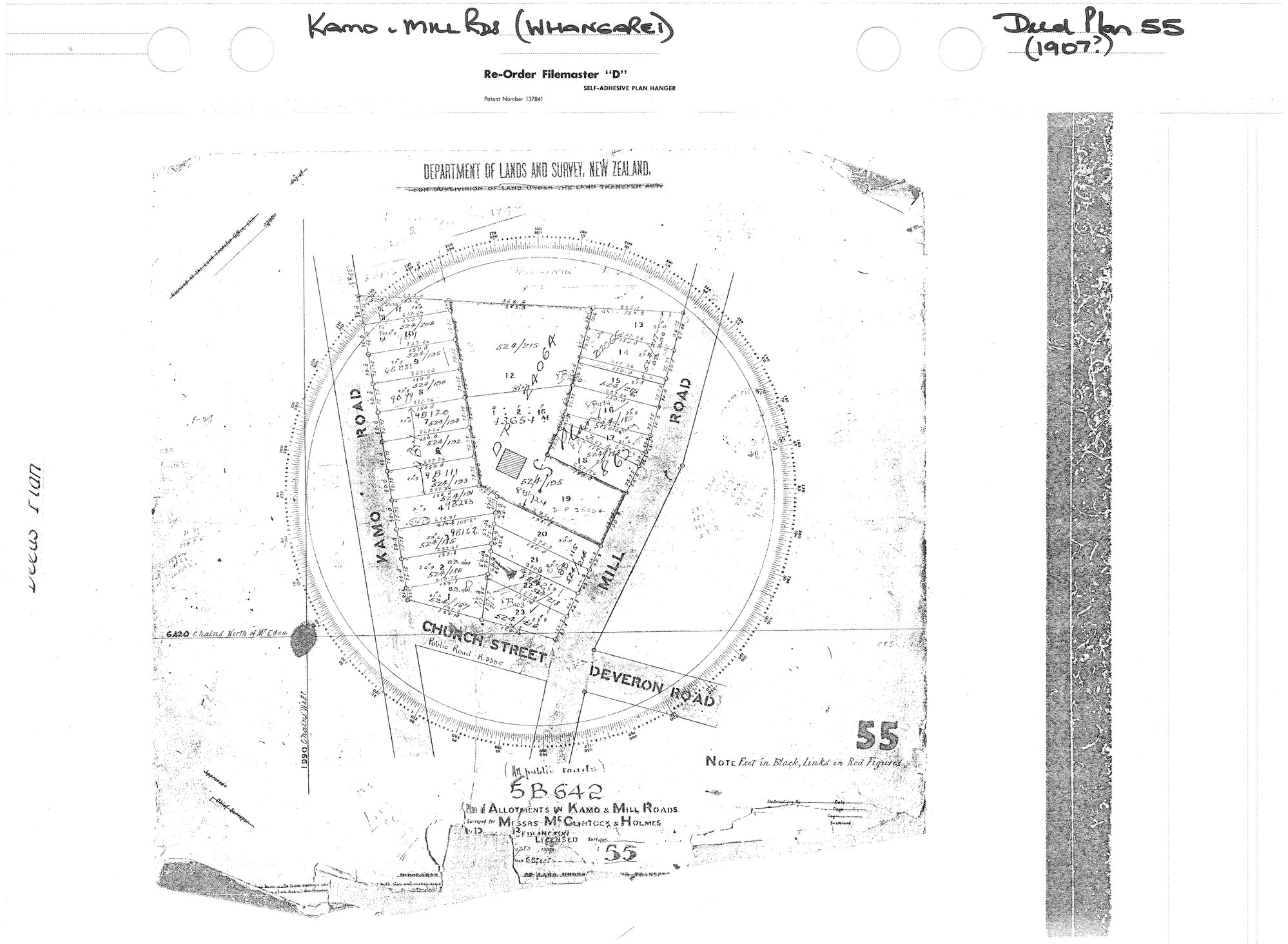 Plan of allotments in Kamo &amp; Mill Roads, surveyed for Messrs McCkintock &amp; Holmes