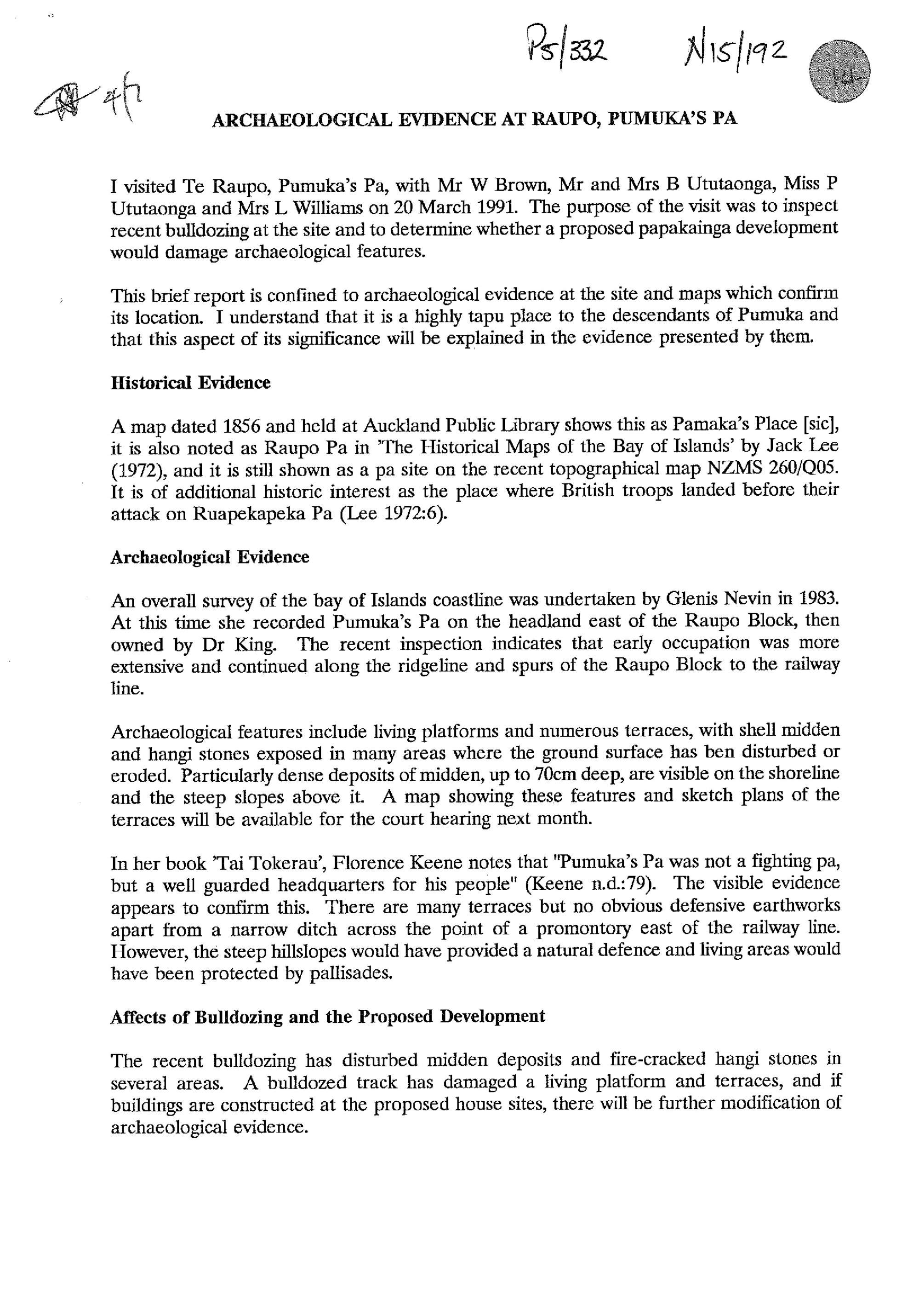 Archaeological evidence at Raupo, Pumukas Pa