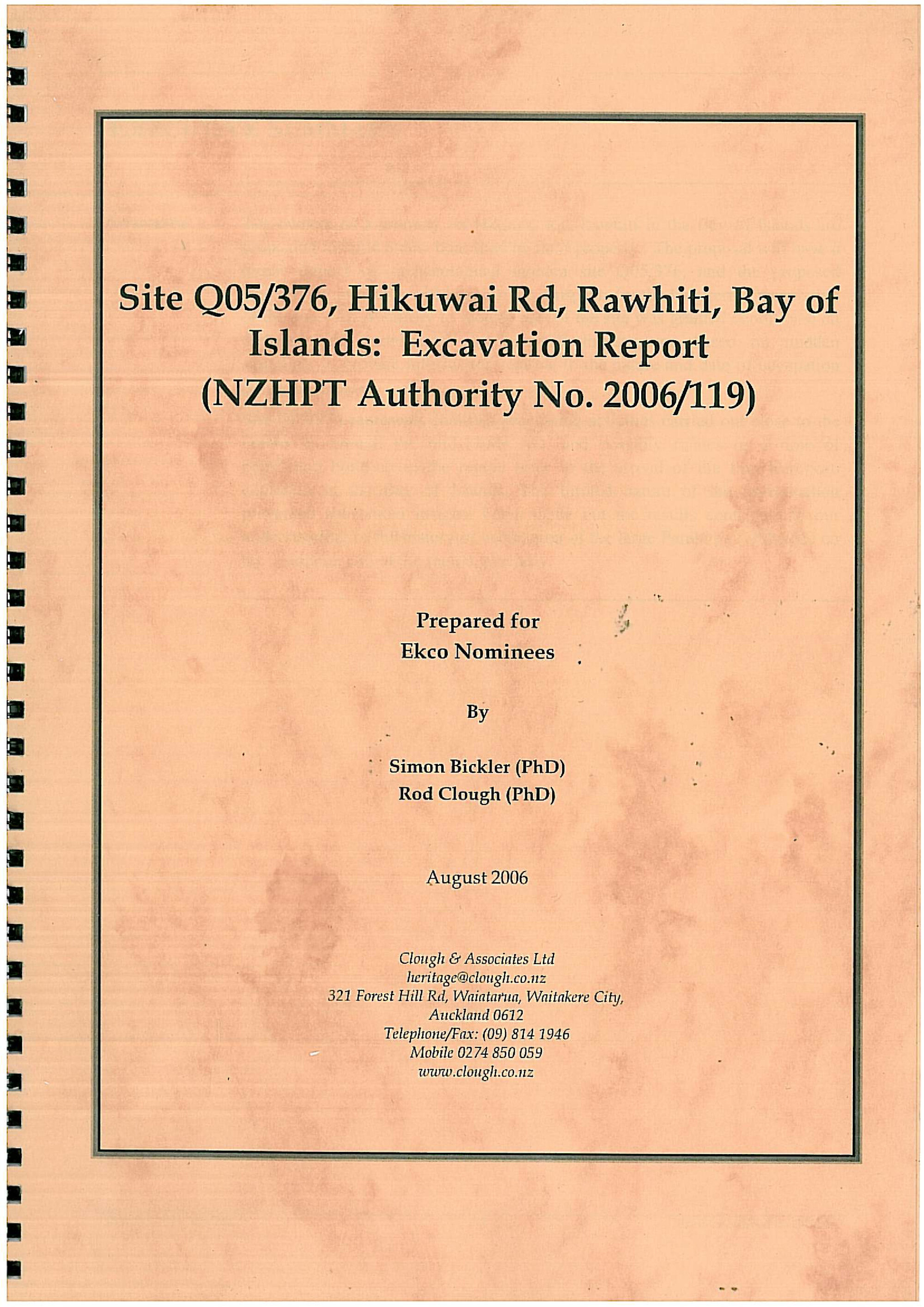 Site Q05/376, Hiuwai Rd, Rawhiti. Excavation Report
