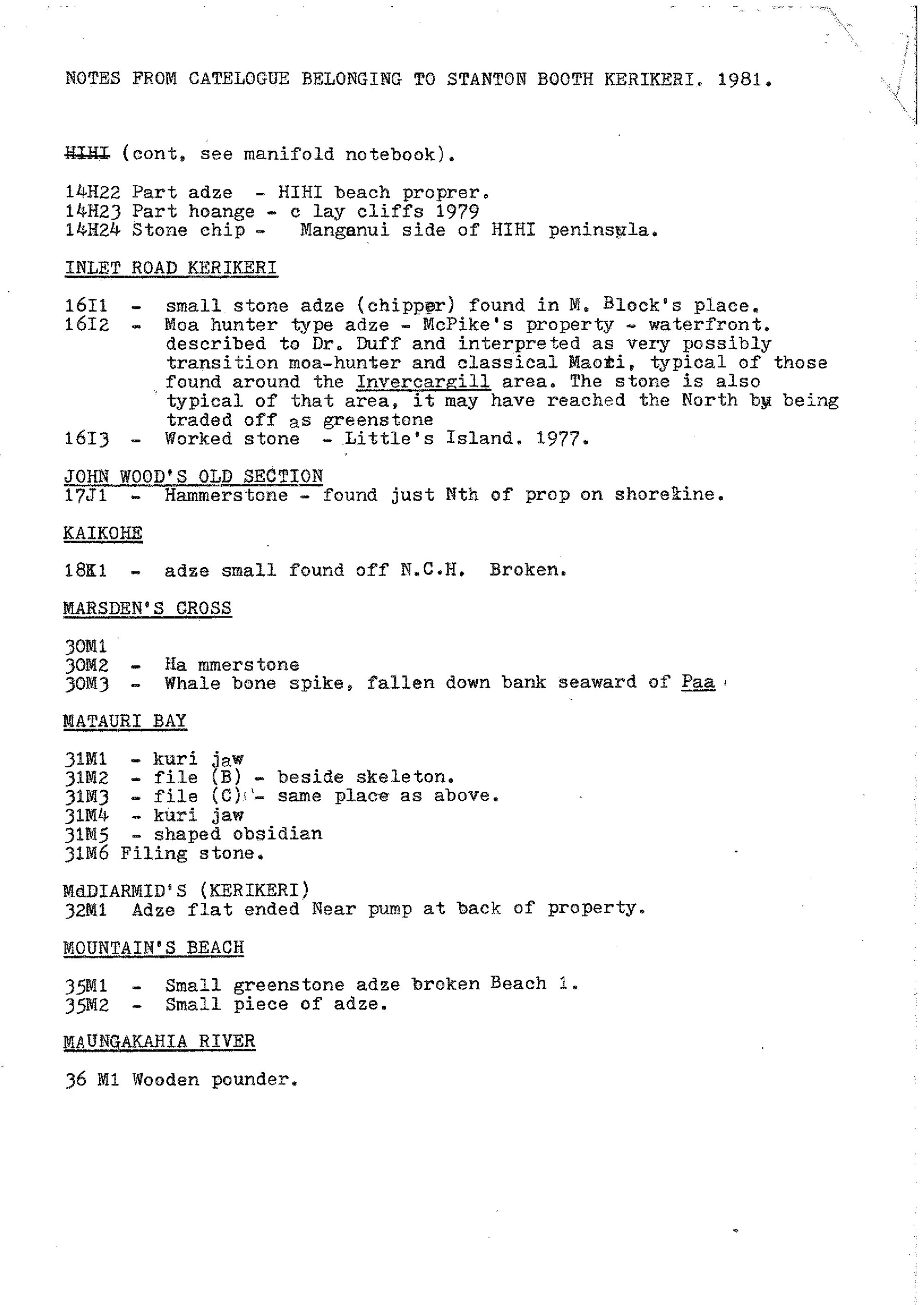 Notes from Catalogue belonging to Stanton Booth, Kerikeri