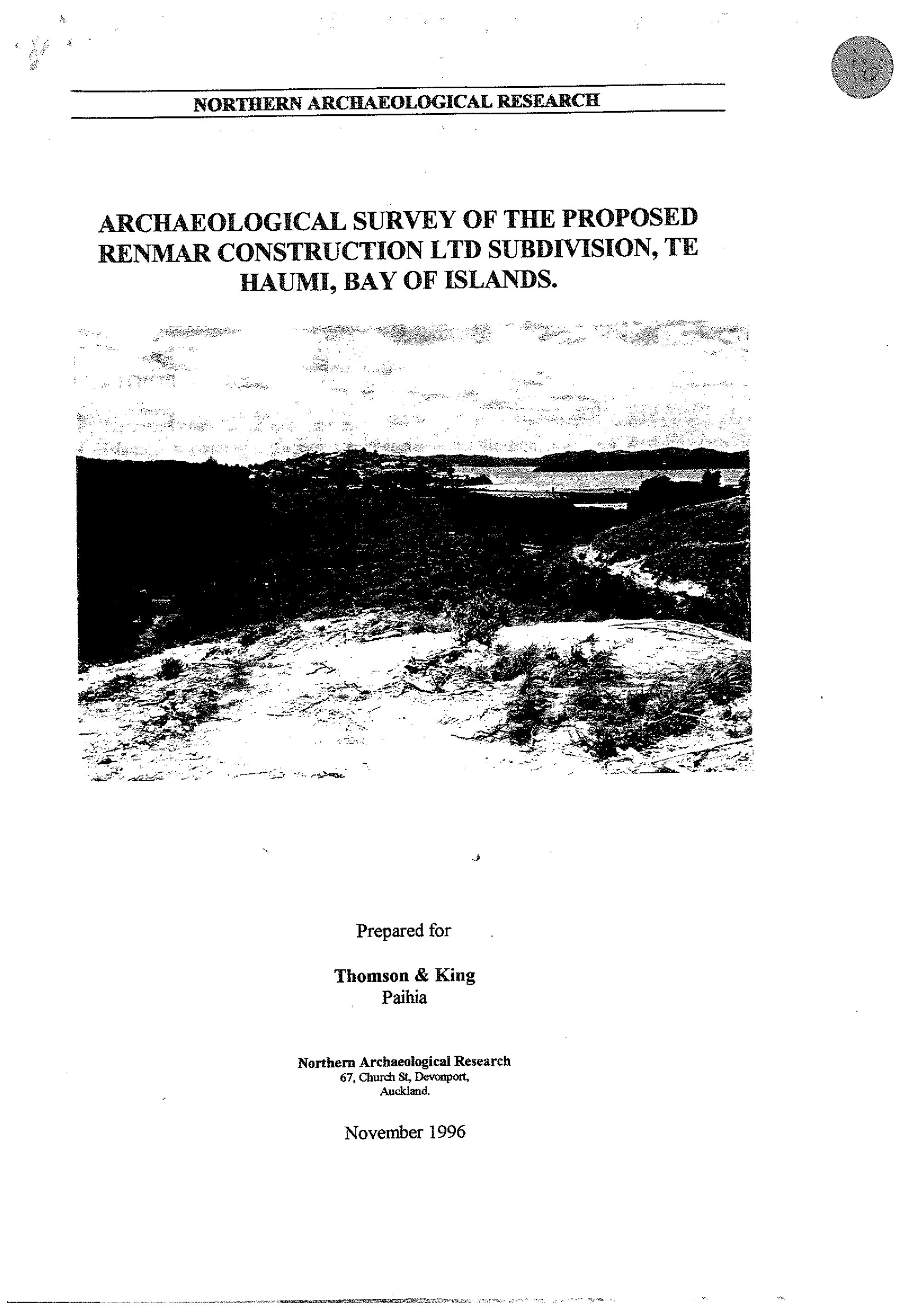Johnson. 1996. Archaeological survey of the proposed renmar Construction Ltd subdivision, Te Haumi