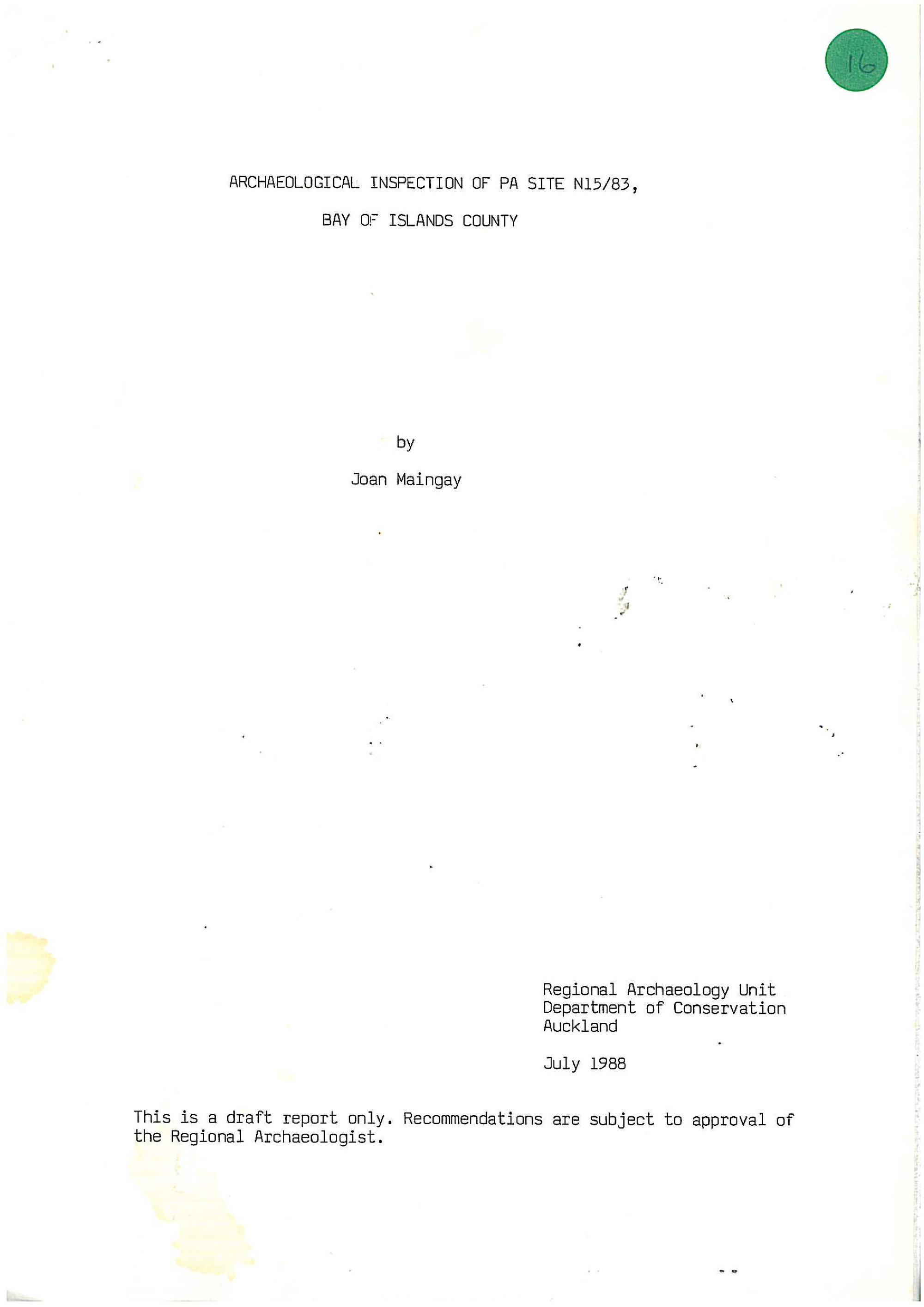 Archaeological inspection of Pa site N15-83, Bay of Islands County