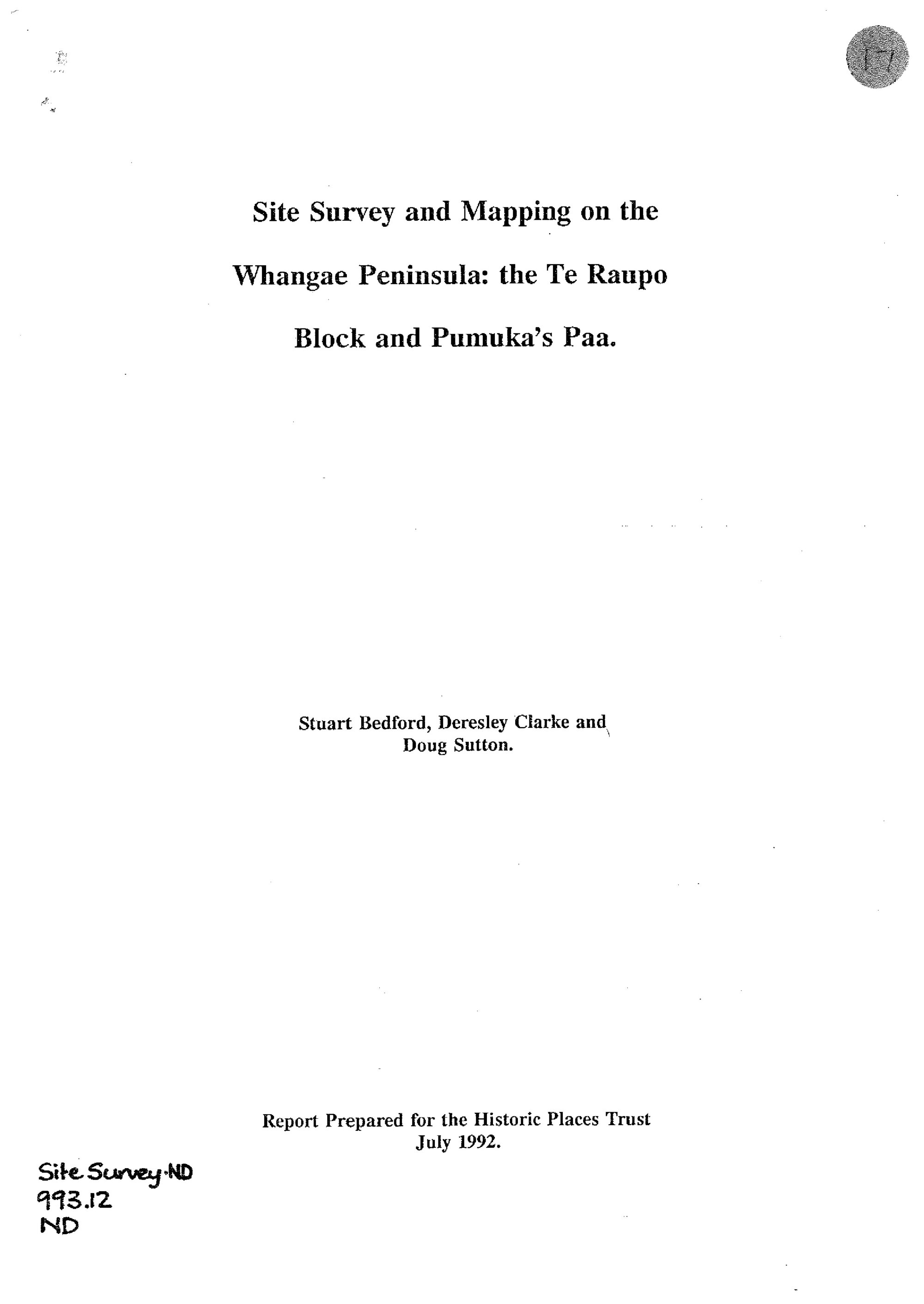 Site survey and mapping on the Whangae Peninsula. the Te Raupo Block and Pumukas Paa. Includes HPT notes 1993 and maps