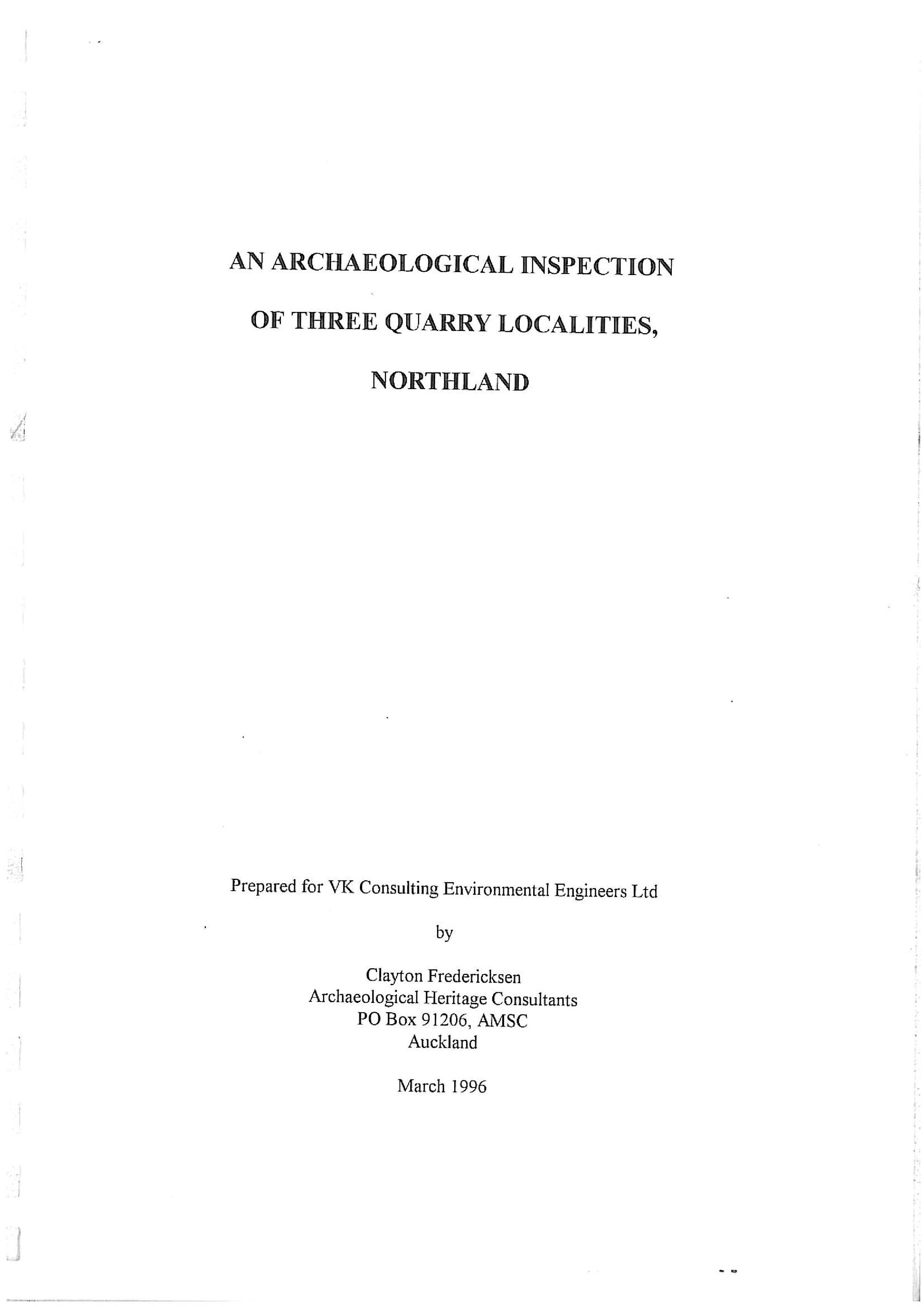 An archaeological inspection of three quarry localities, Northland