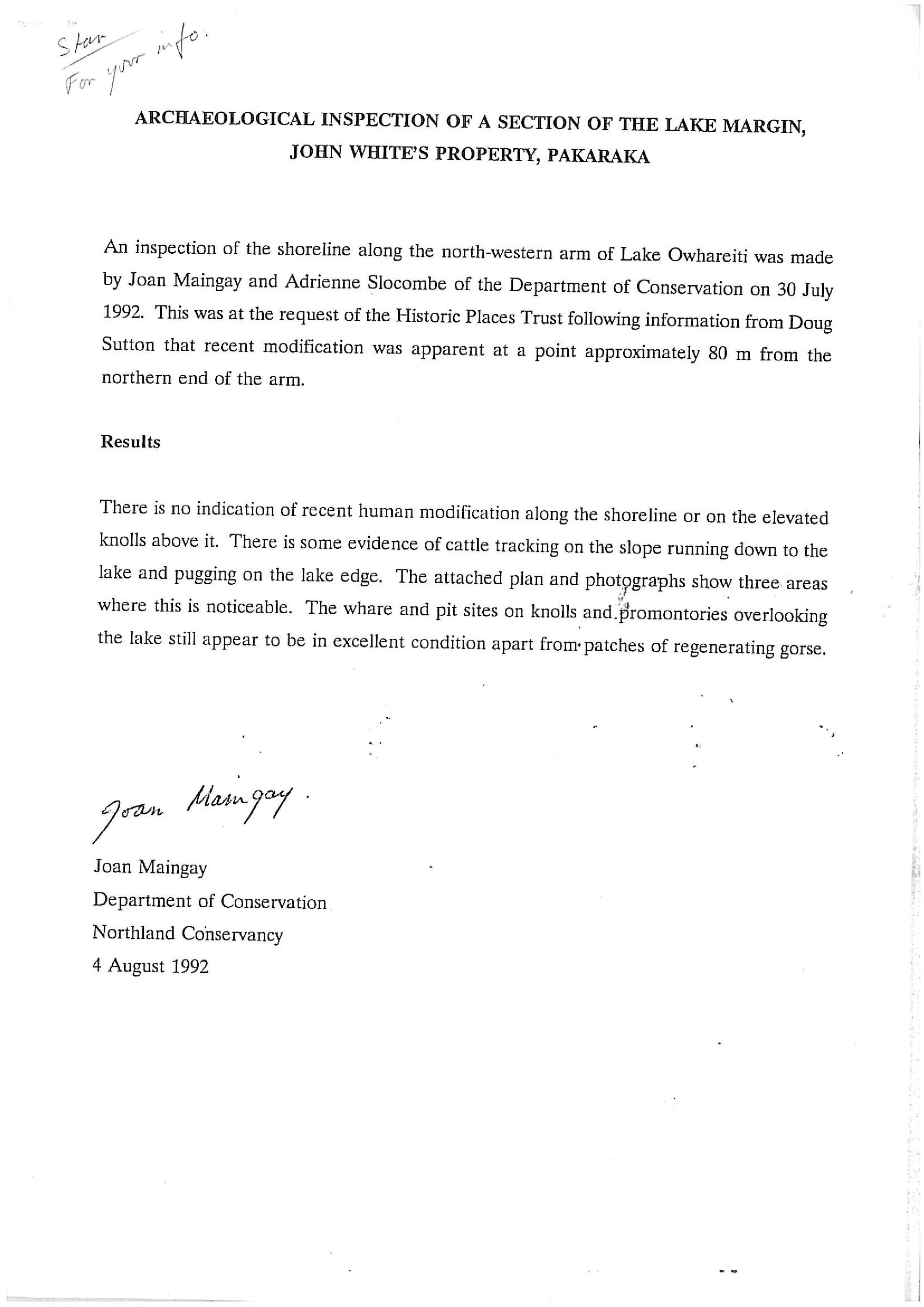 Archaeological inspection of a section of the lake margin, John Whites property, Pakaraka