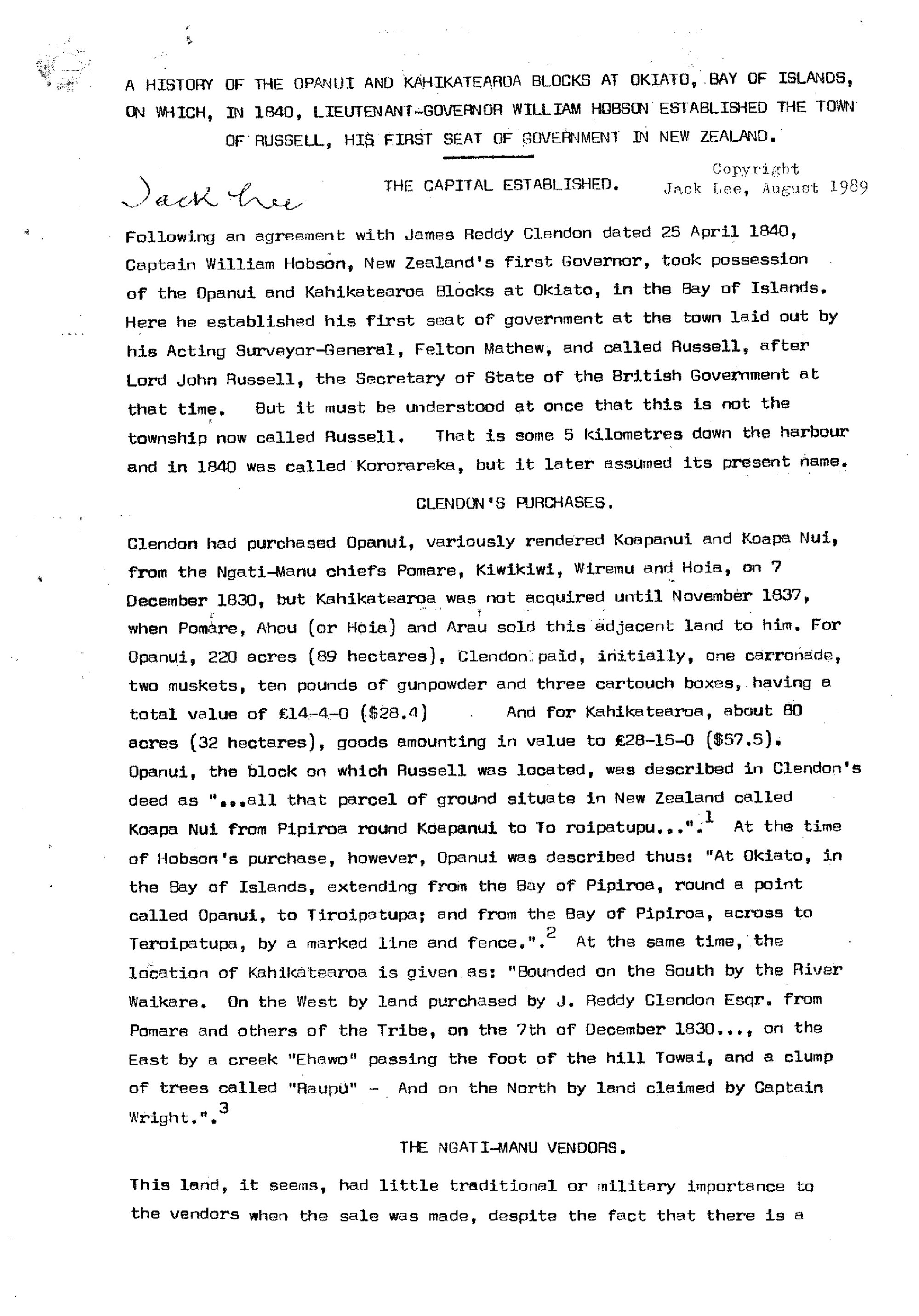 A history of the Opanui and Kahikatearoa blocks at Okiato, Bay of Islands, on which, in 1840, Lieutenant-Governor William Hobson