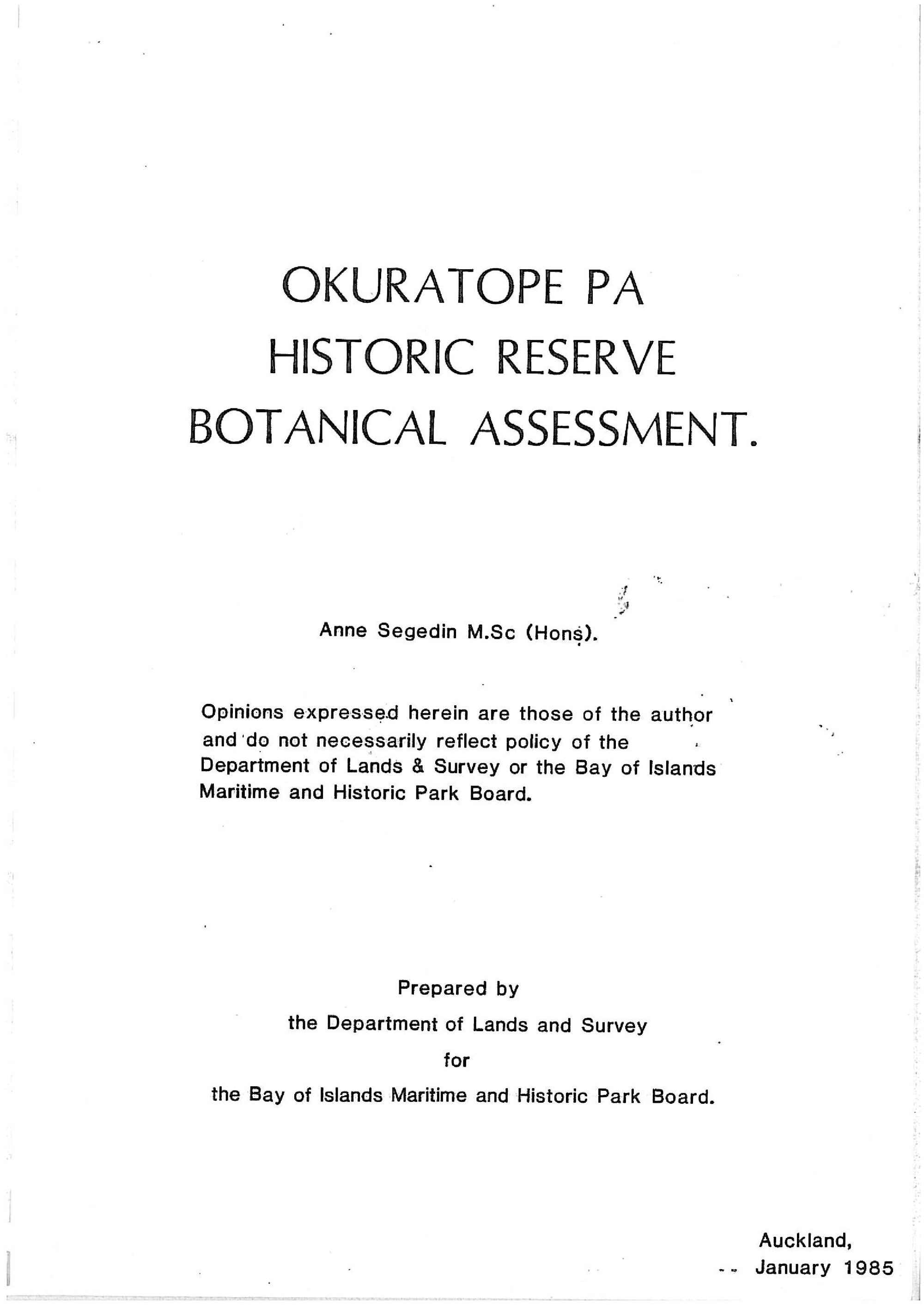Okuratope Pa Historic Reserve Botanical assessment