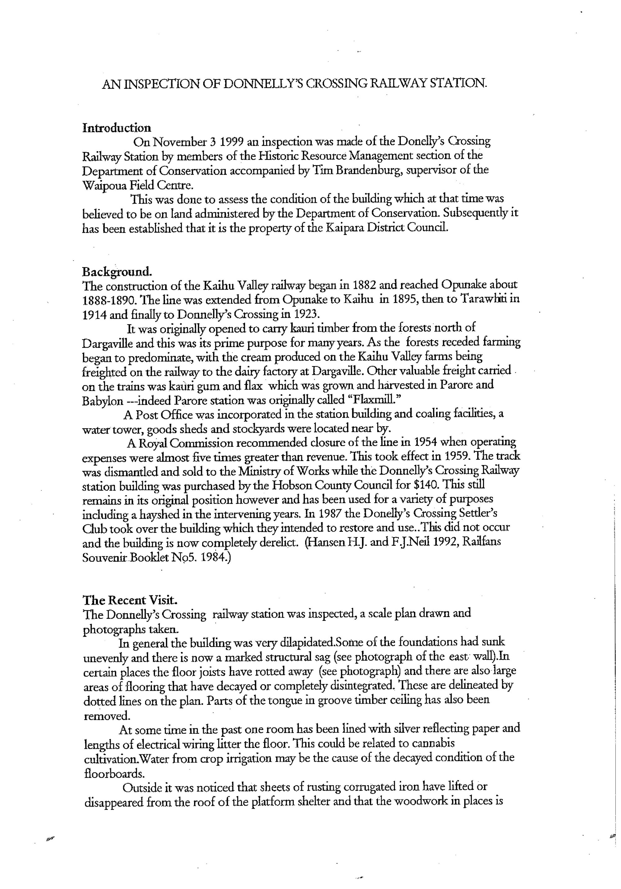 An Inspection of Donnelly's Crossing Railway Station