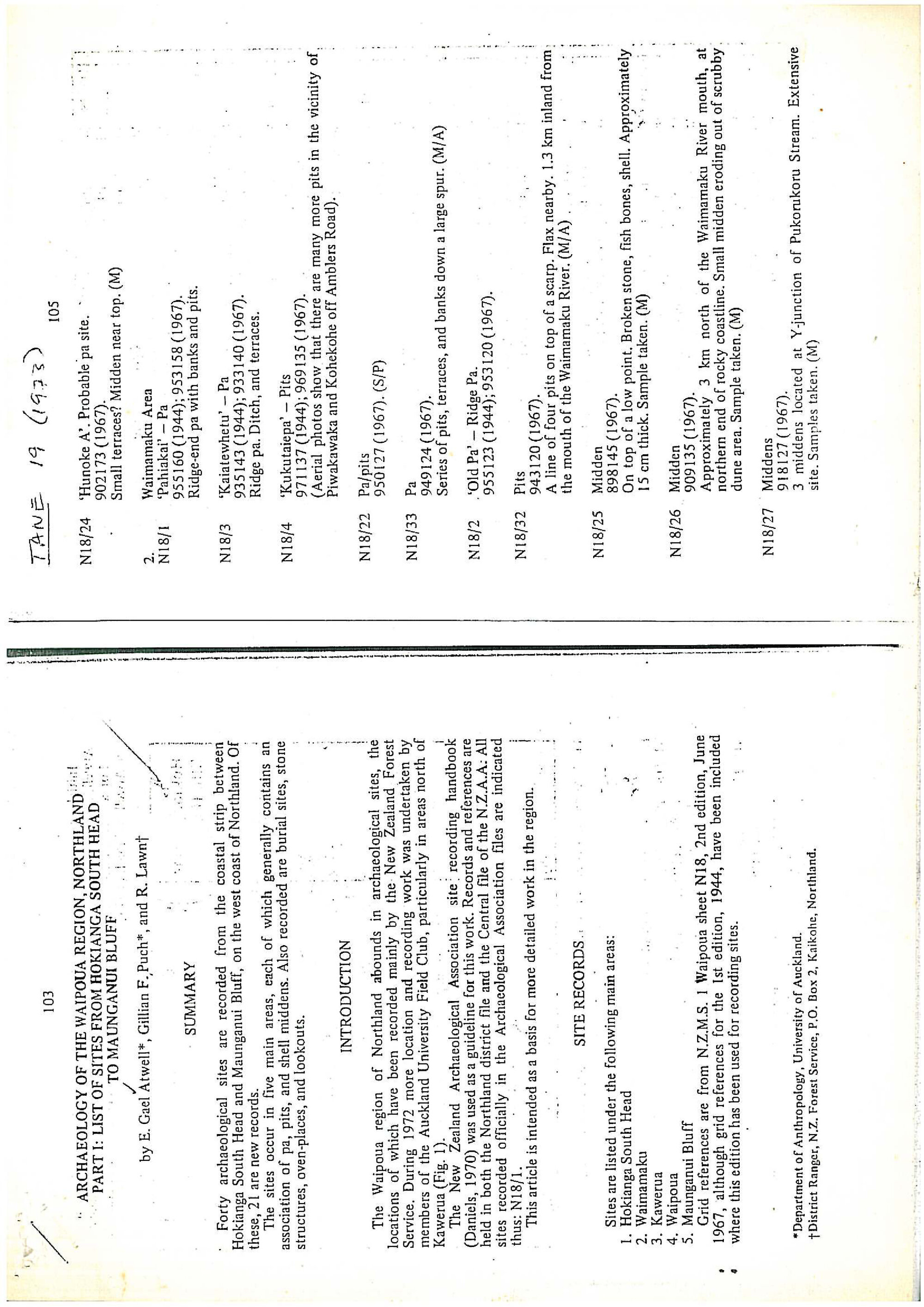 Archaeology of the Waipoua Region, Northland Pt 1. List of sites from Hokianga South Herad to Maunganui Bluff 