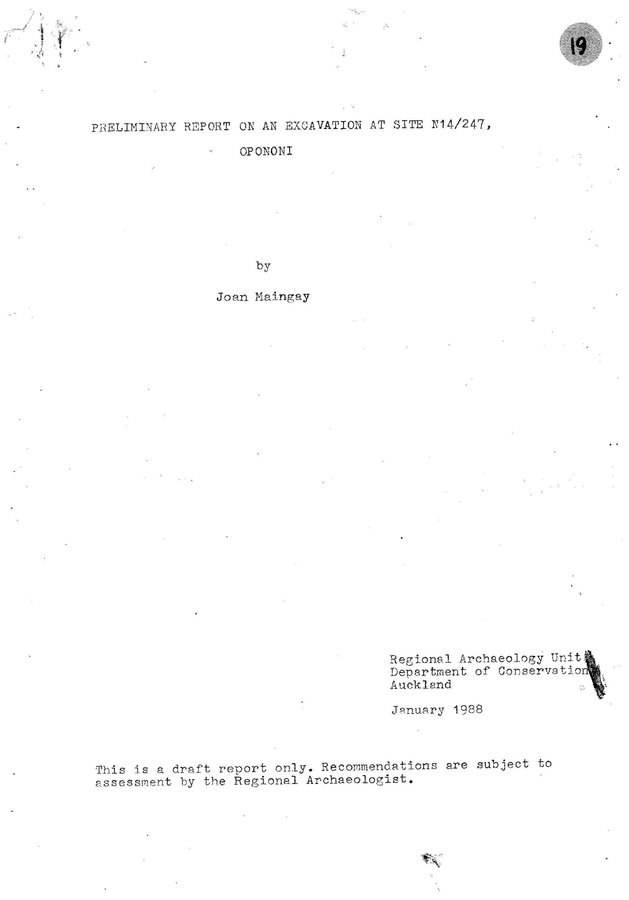  Preliminary report on an excavation at site N14-247, Opononi