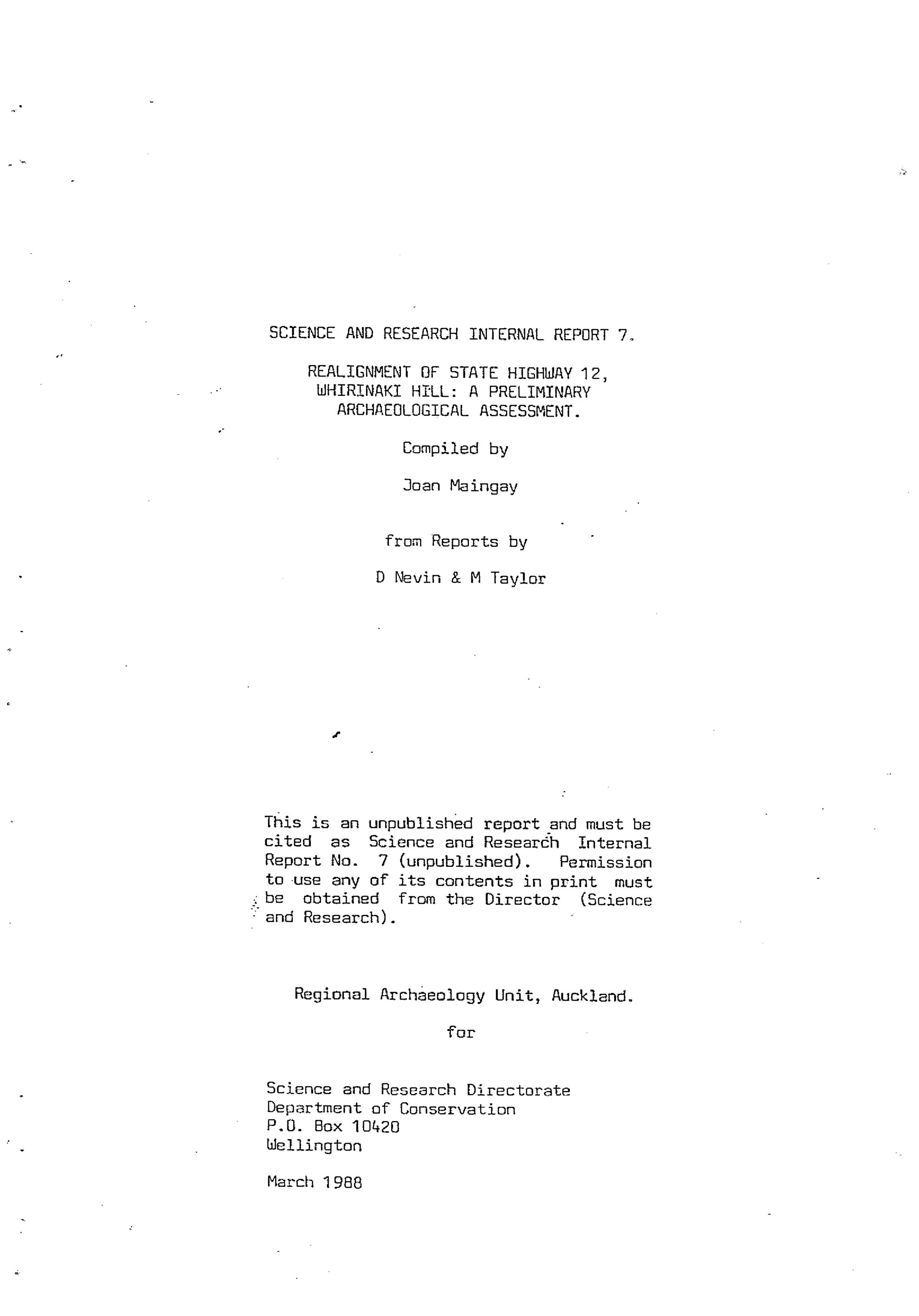 Realignment of State Highway 12, Whirinaki Hill. A preliminary archaeological assessment