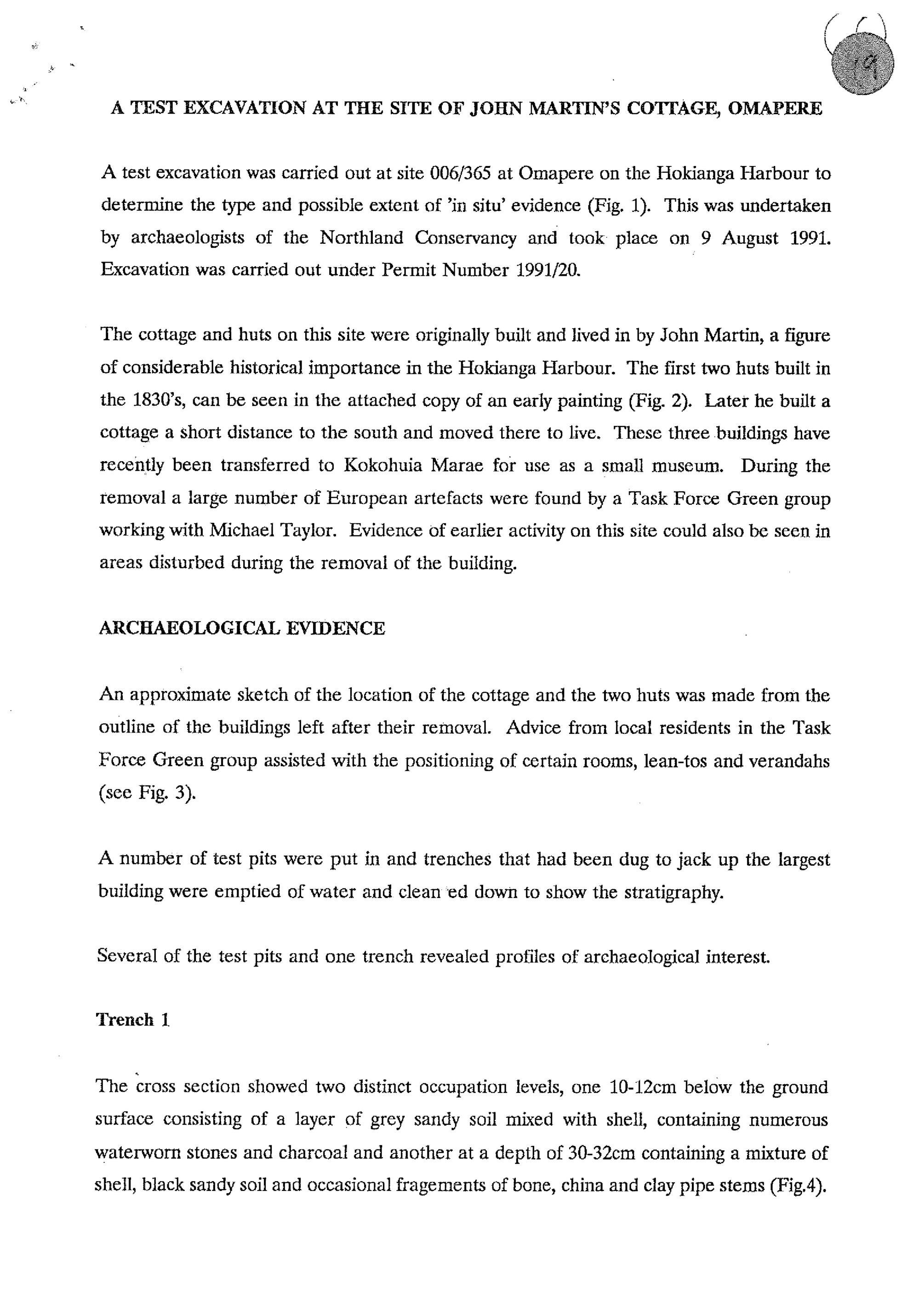 A test excavation at the site of John Martins cottage, Omapere