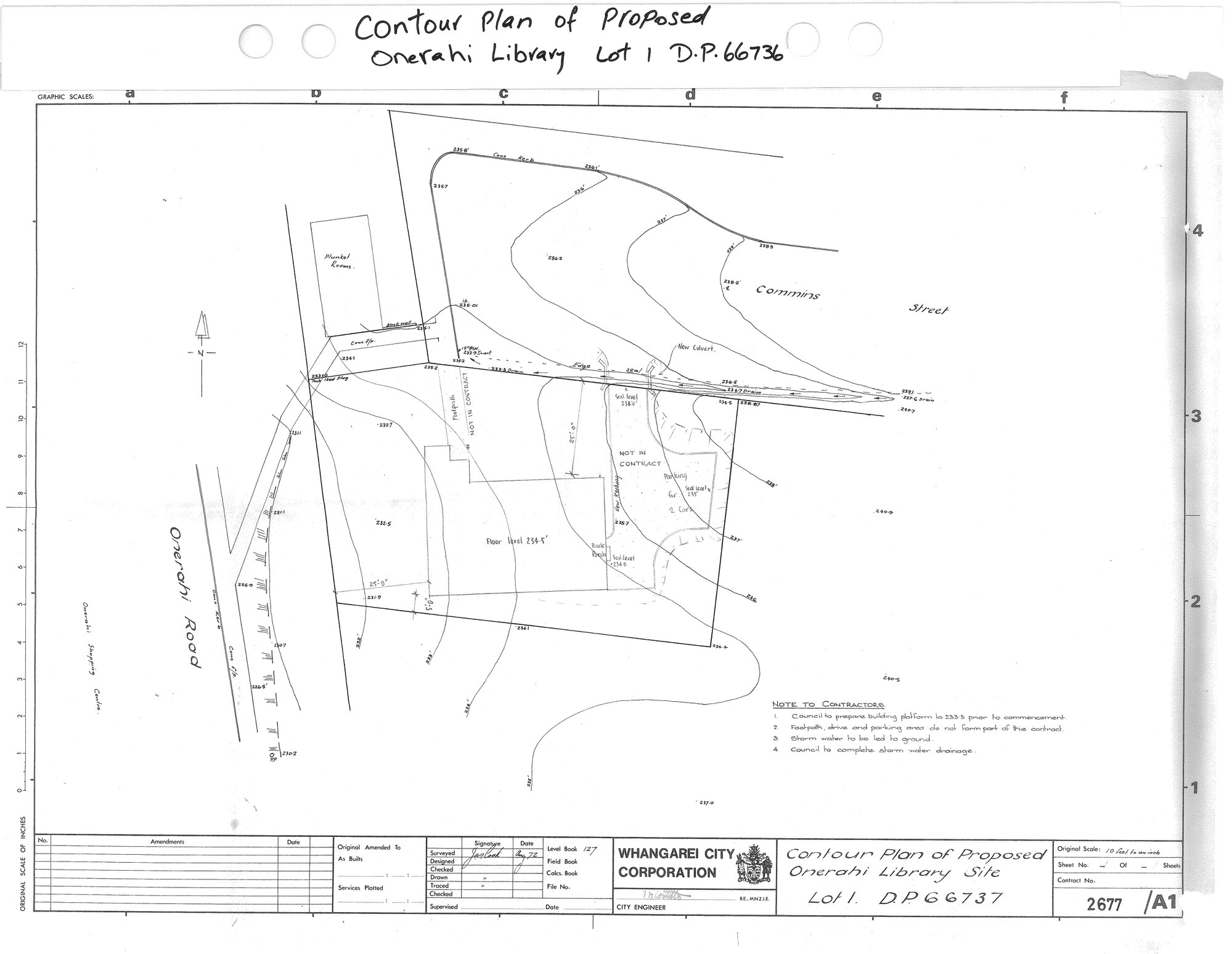 Contour plan of proposed Onerahi Library site Lot 1. D.P.66737