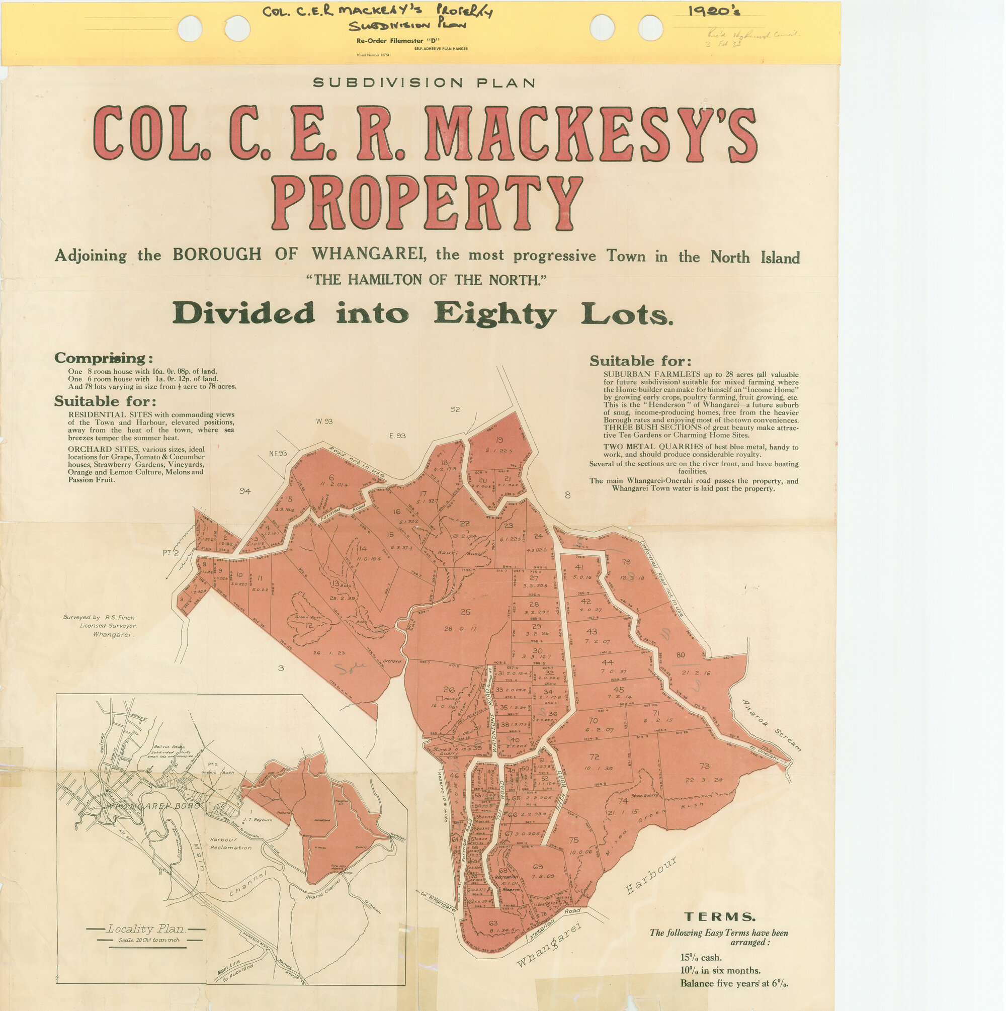 Subdivision plan / Col. C.E.R. Mackesy's Property Adjouring the Borough of Whangarei, the most progressive Town in the North Isl