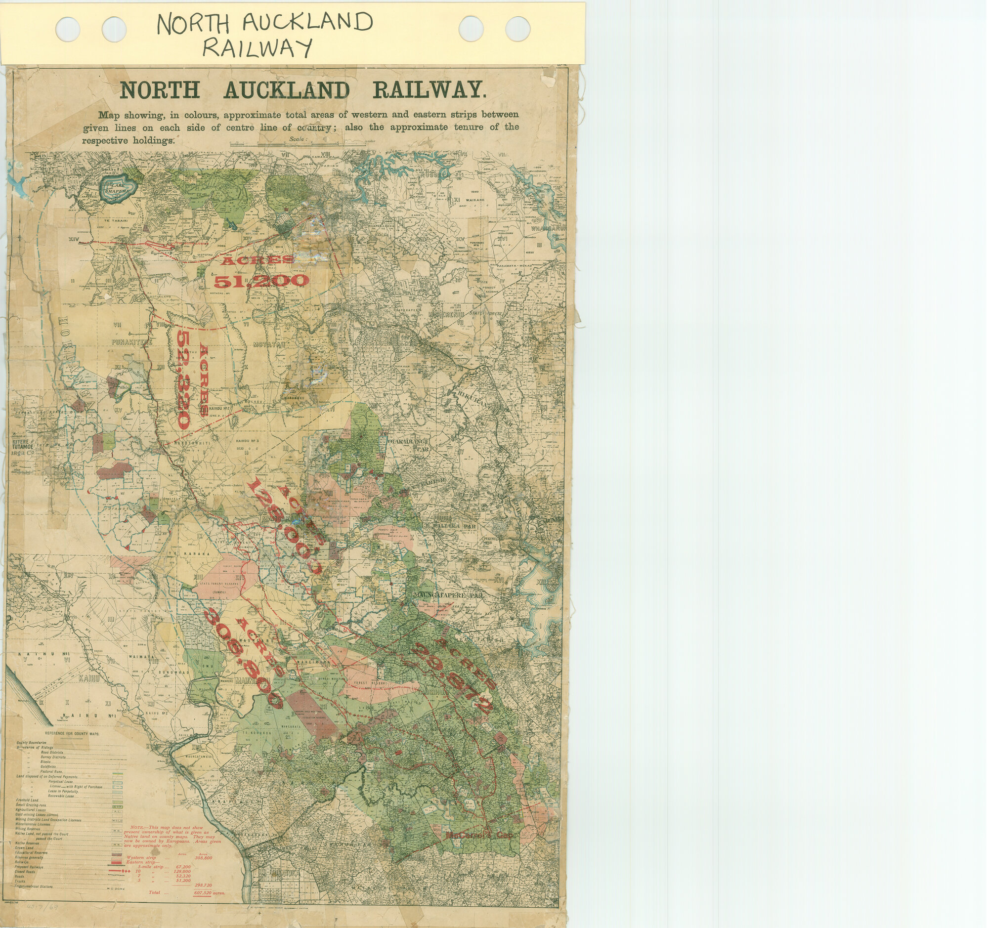 North Auckland Railway : Map showing, in colours, approximate total areas of western and eastern strips between given lines on e