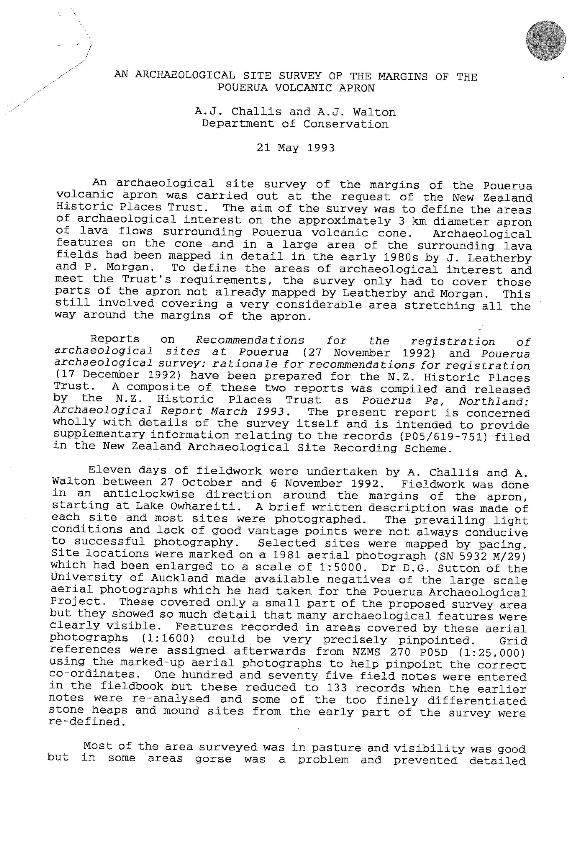 An archaeological site survey of the margins of the Pouerua volcanic apron