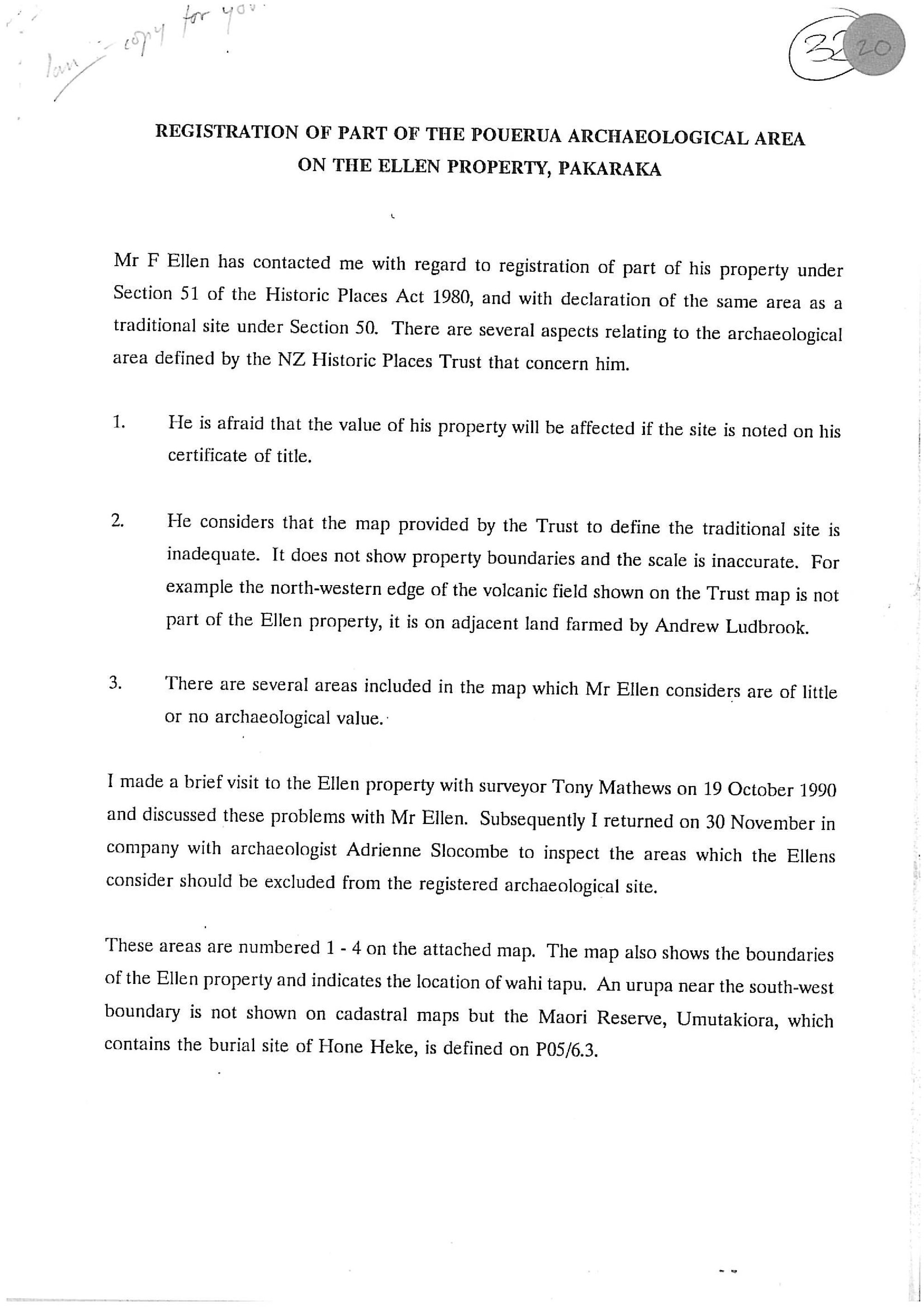 Registration of part of the Pouerua archaeological area on the Ellen property, Pakaraka