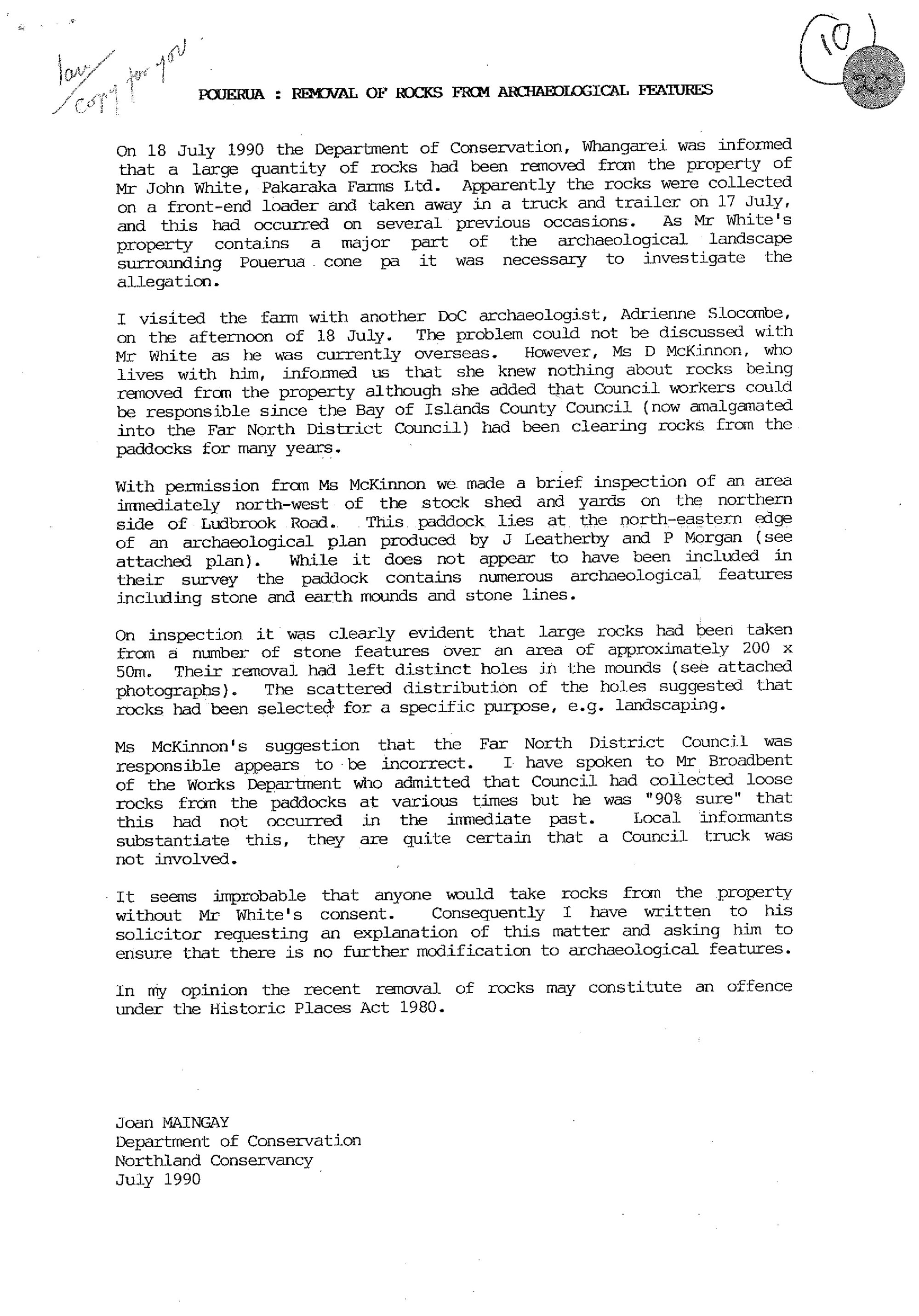  Pouerua. Removal of rocks from archaeological features