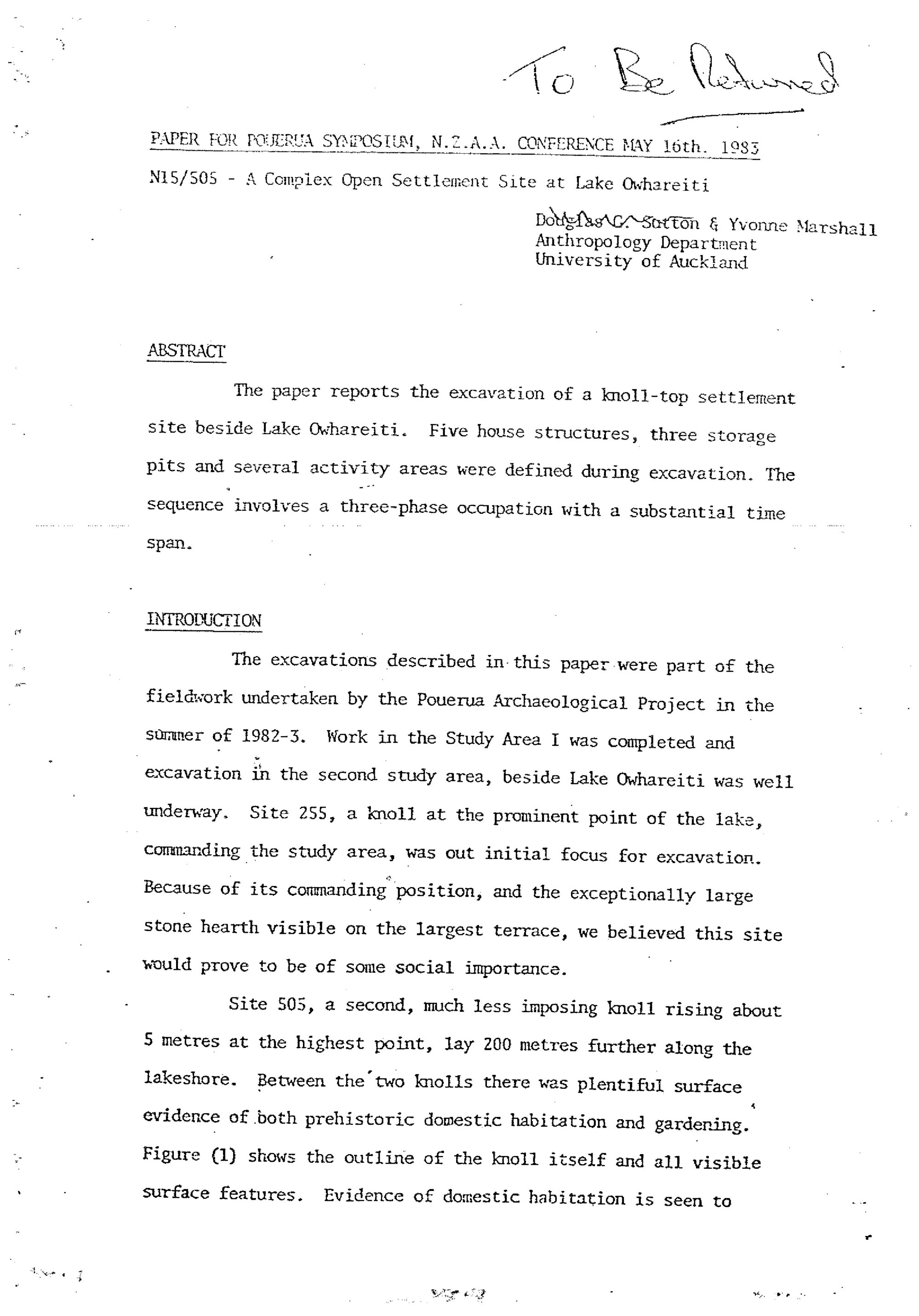 A Complex open settlement site at Lake Owhareiti