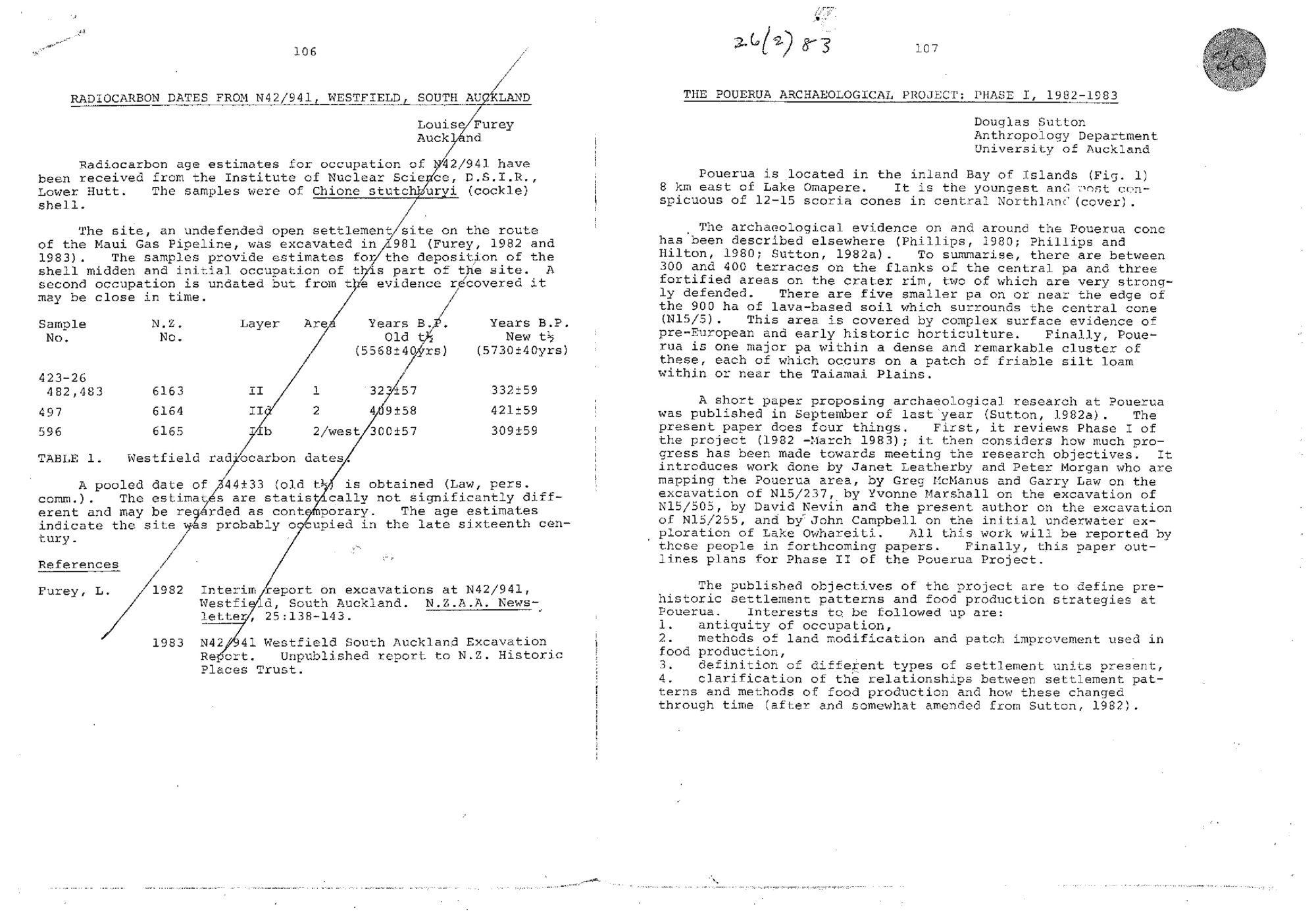 The Pouerua archaeological project. Phate 1, 1982-1983