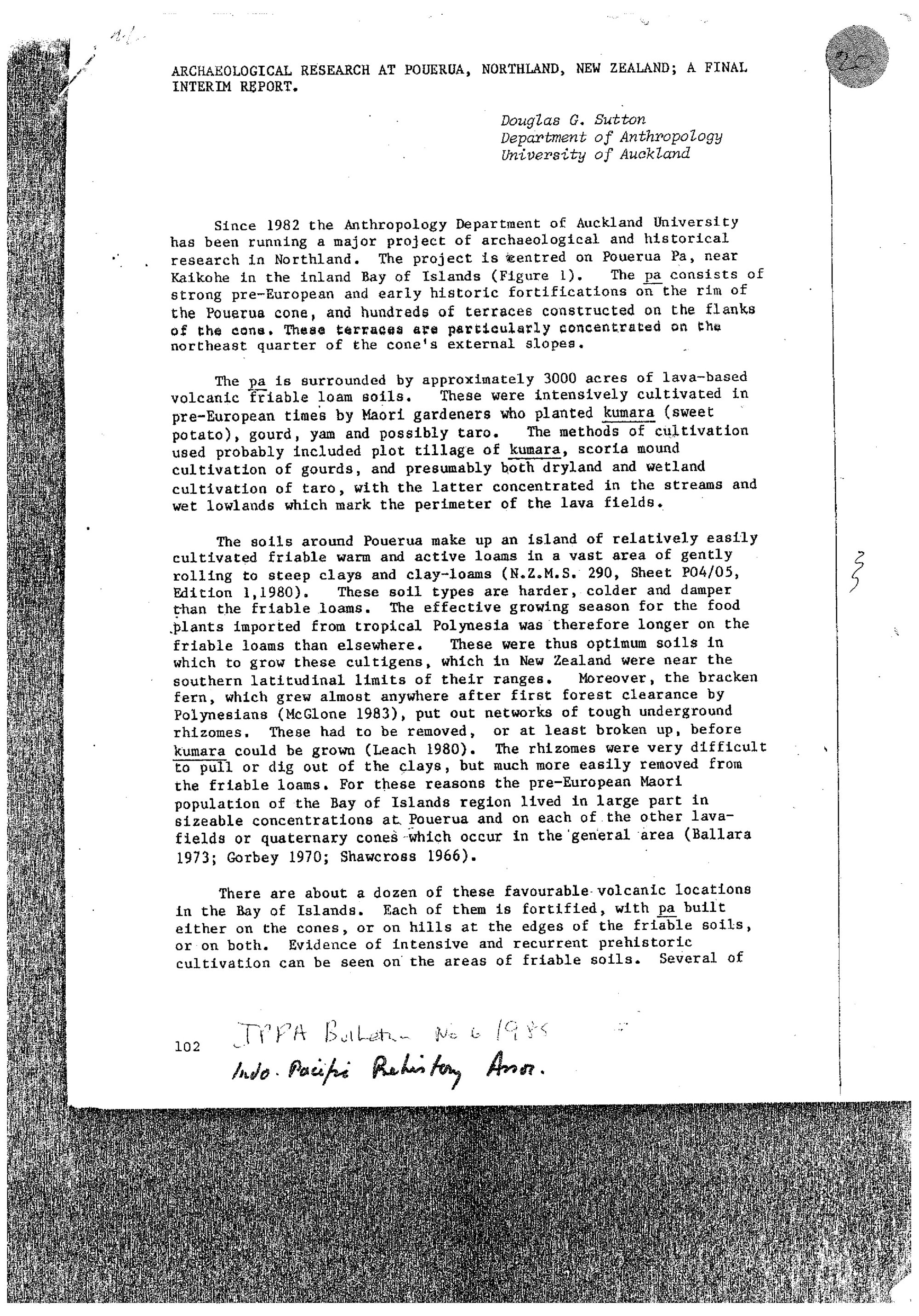 Archaeological research at Pouerua, Northland. A final interim report