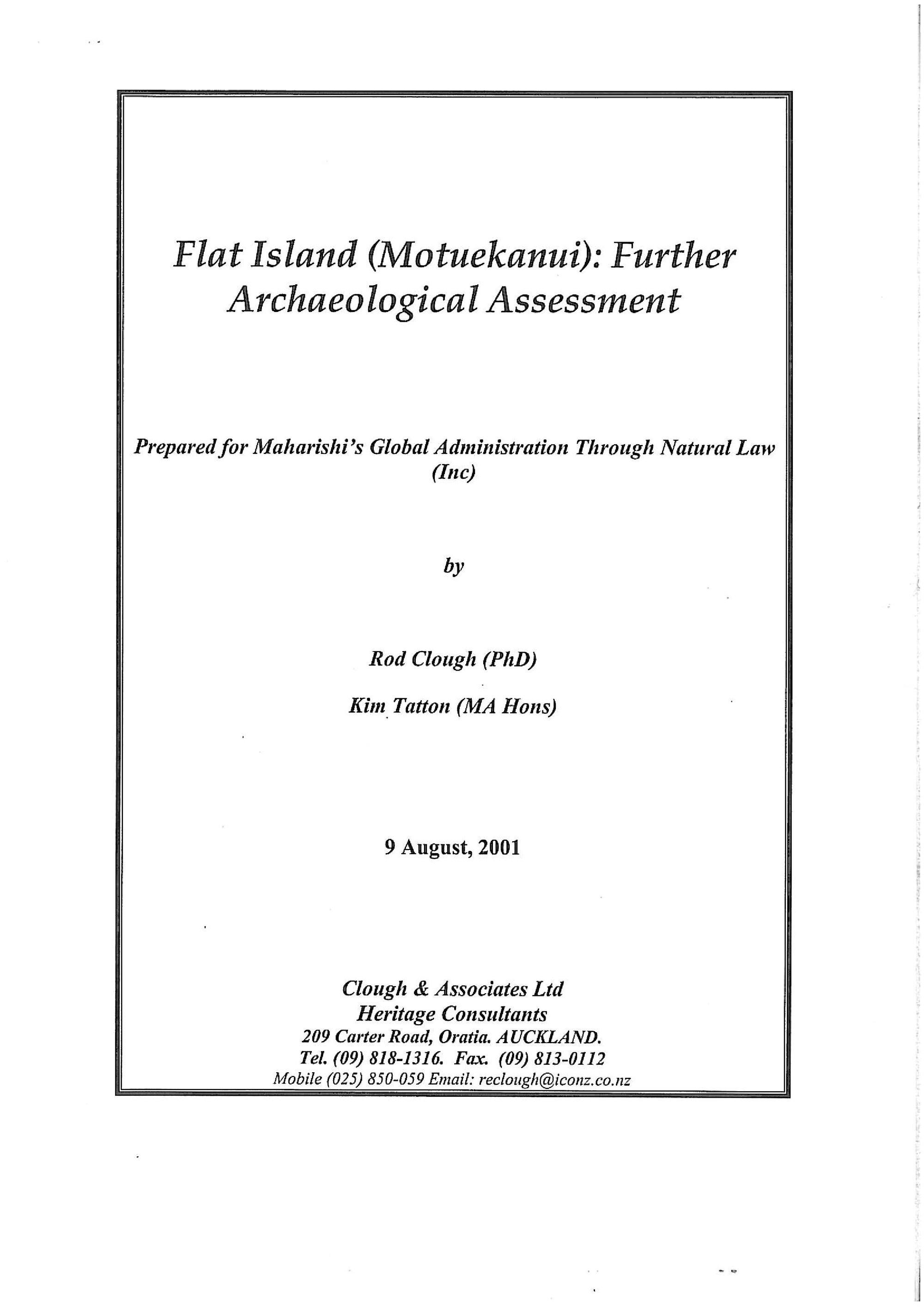 Flat Island (Motuekanui). Further archaeological assessment