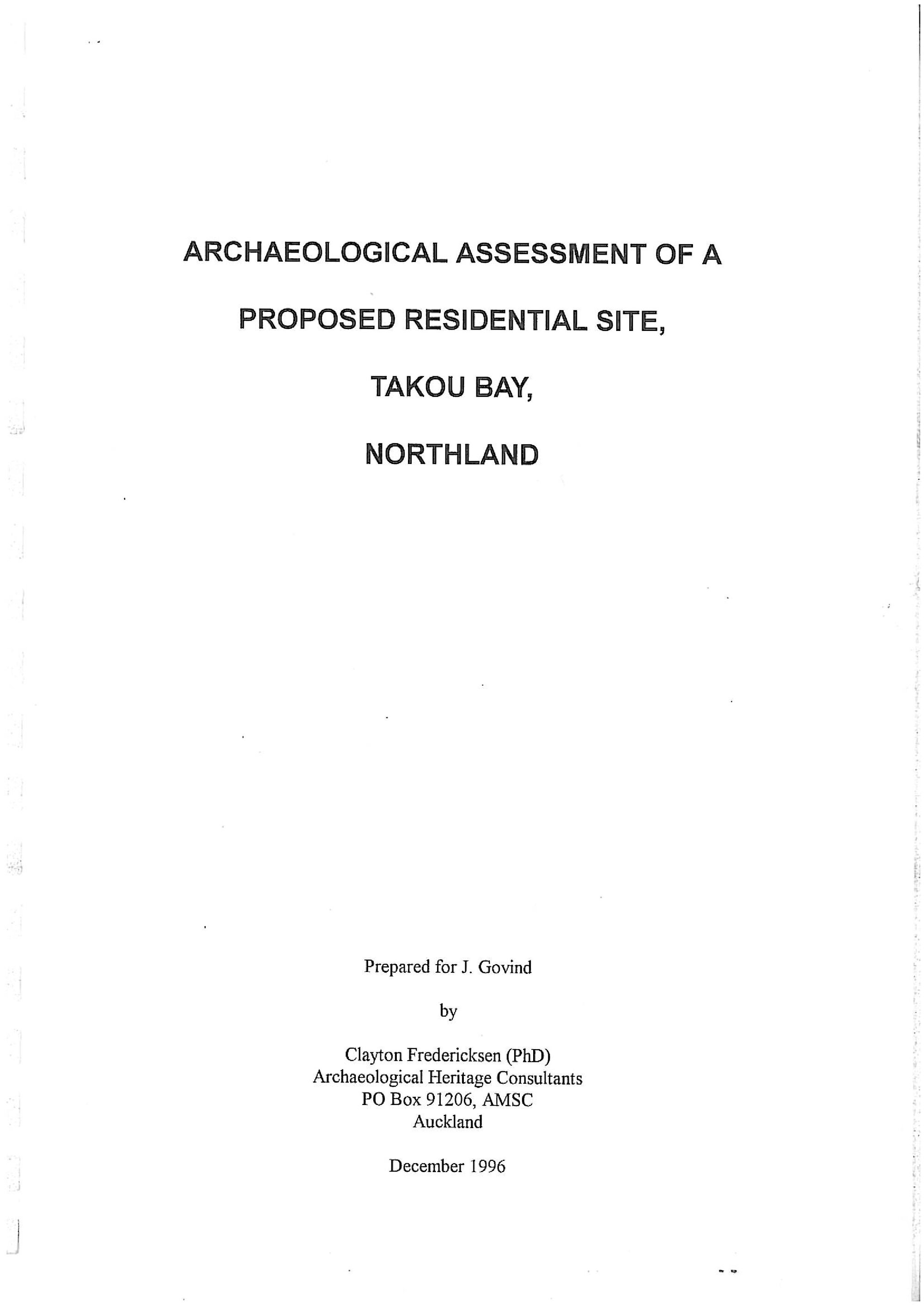 Archaeological assessment of a proposed residential site, Takou Bay, Northland