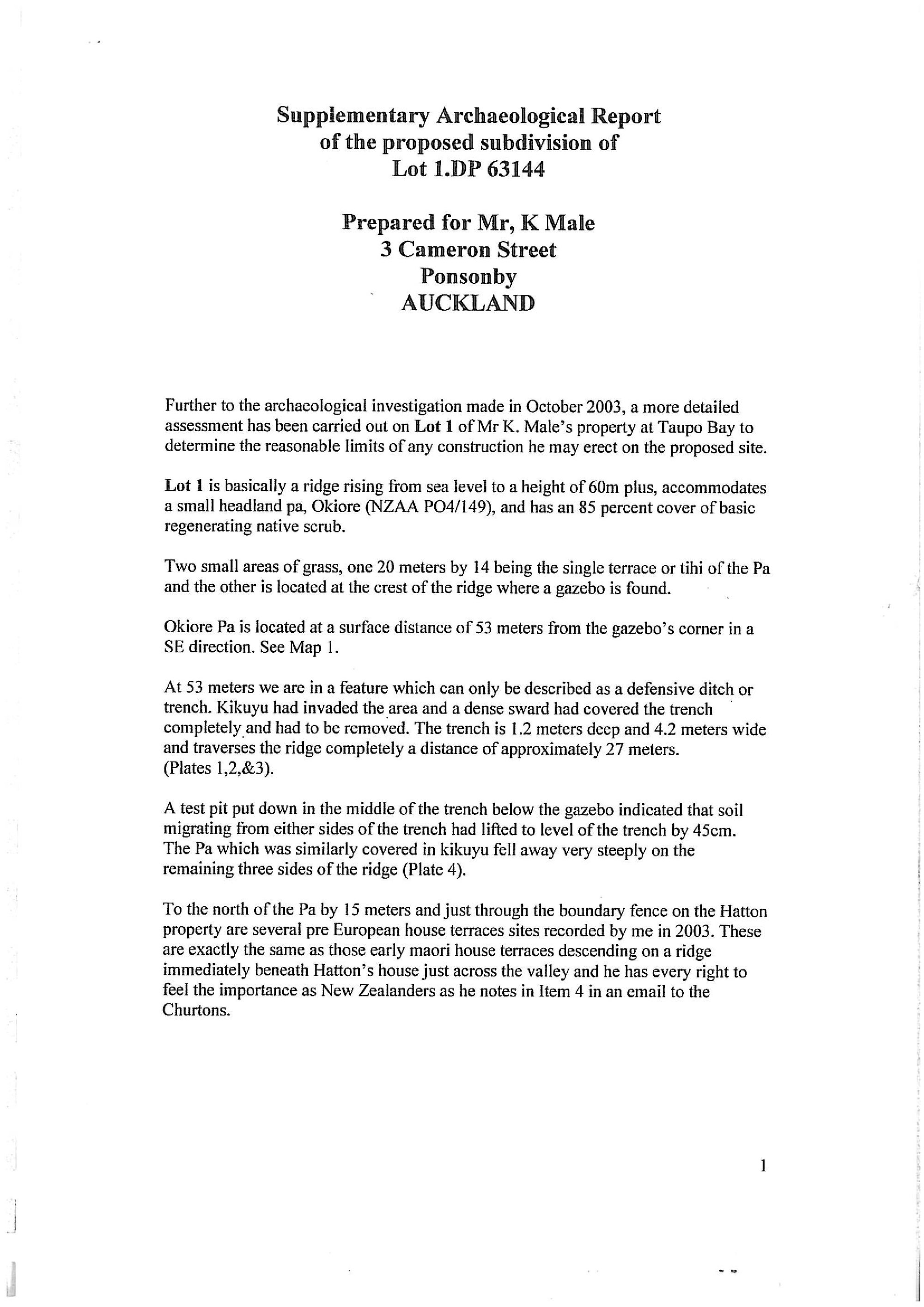 Supplementary archaeological report of proposed subdivision of Lot 1.DP63144, Taupo Bay