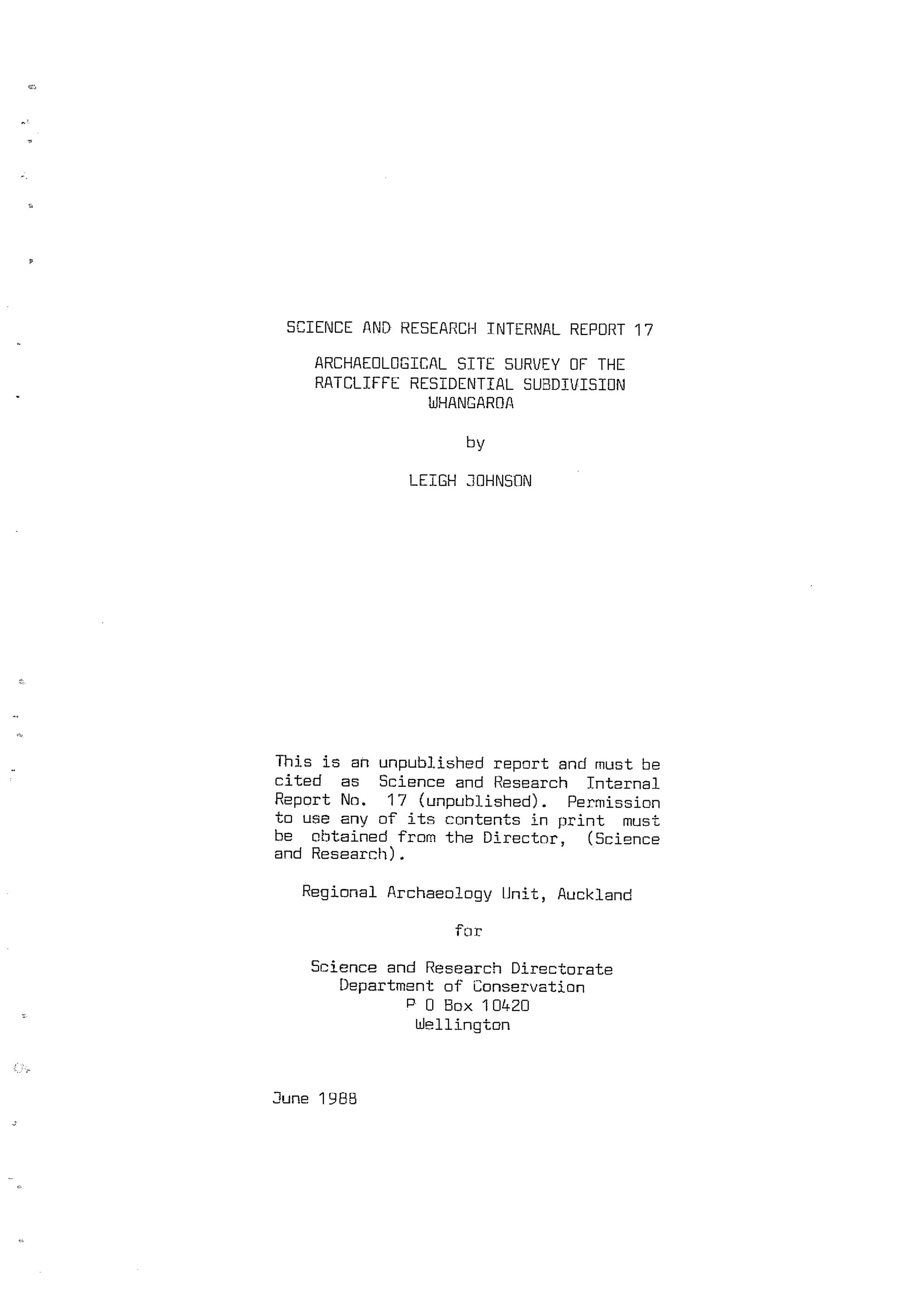 Archaeological site survey of the Ratcliffe residential subdivision, Whangaroa