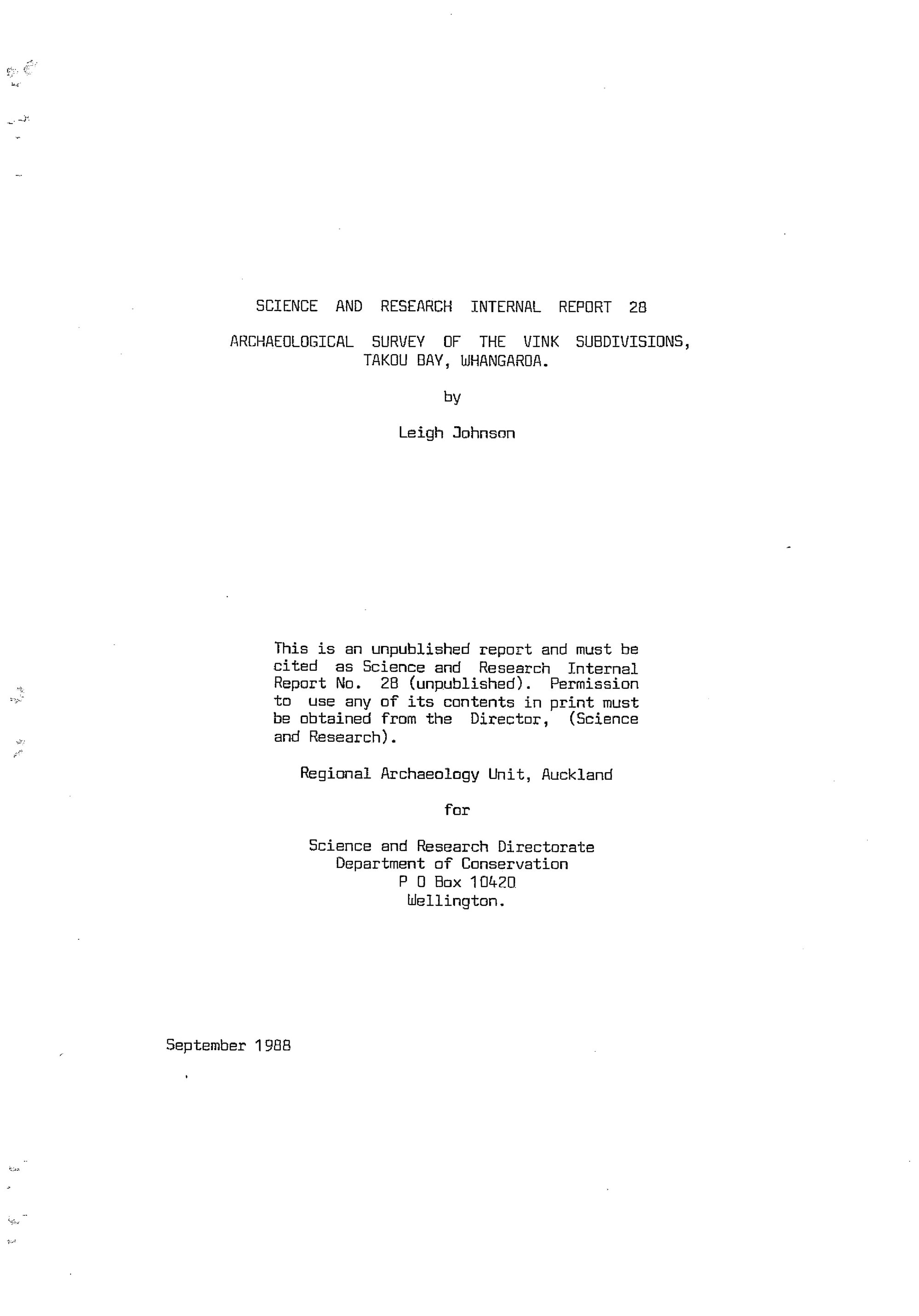 Archaeological survey of the Vink subdivisions, Takou Bay, Whangaroa