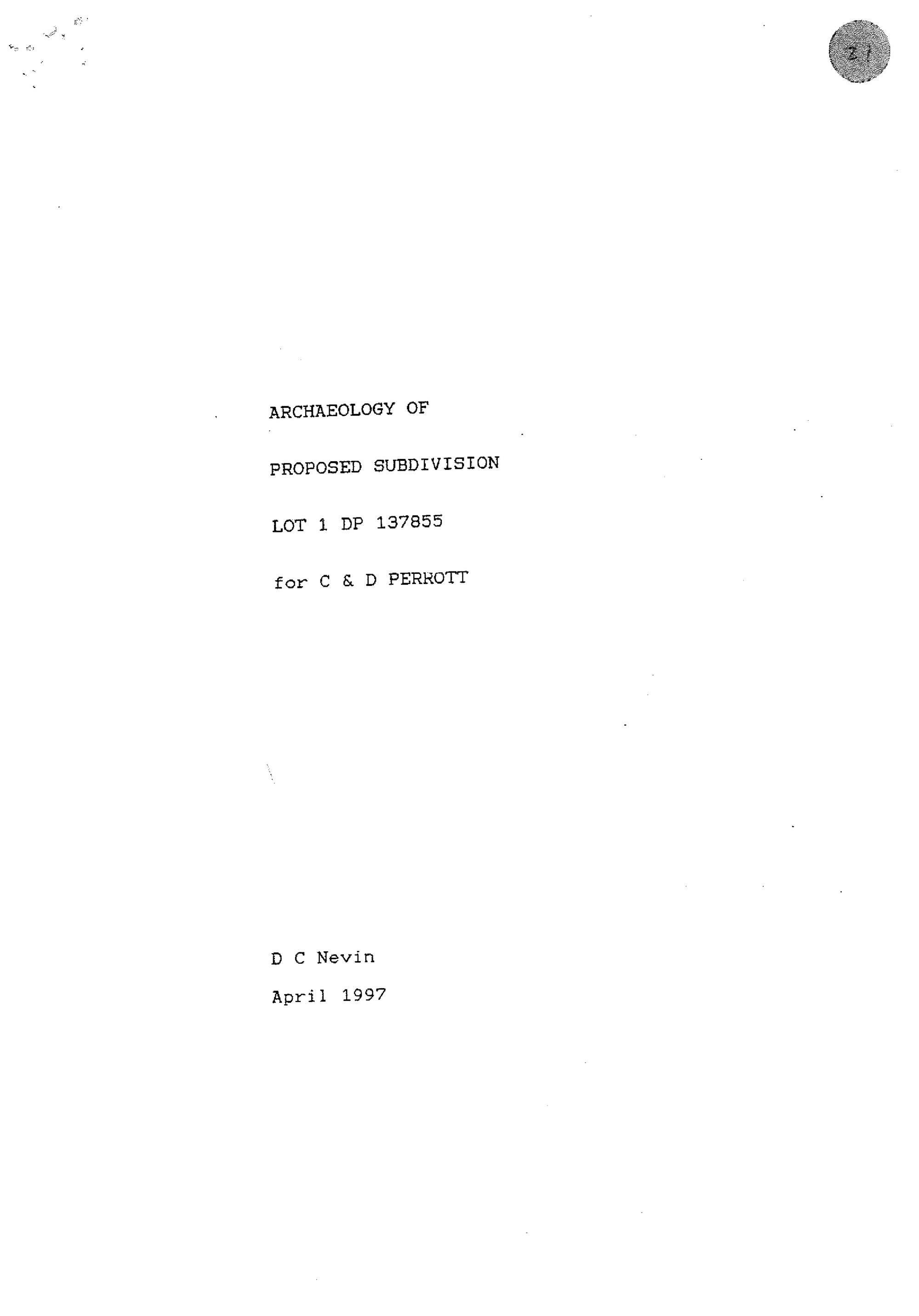 Archaeology of proposed subdivision Lot 1 DP 137855.
