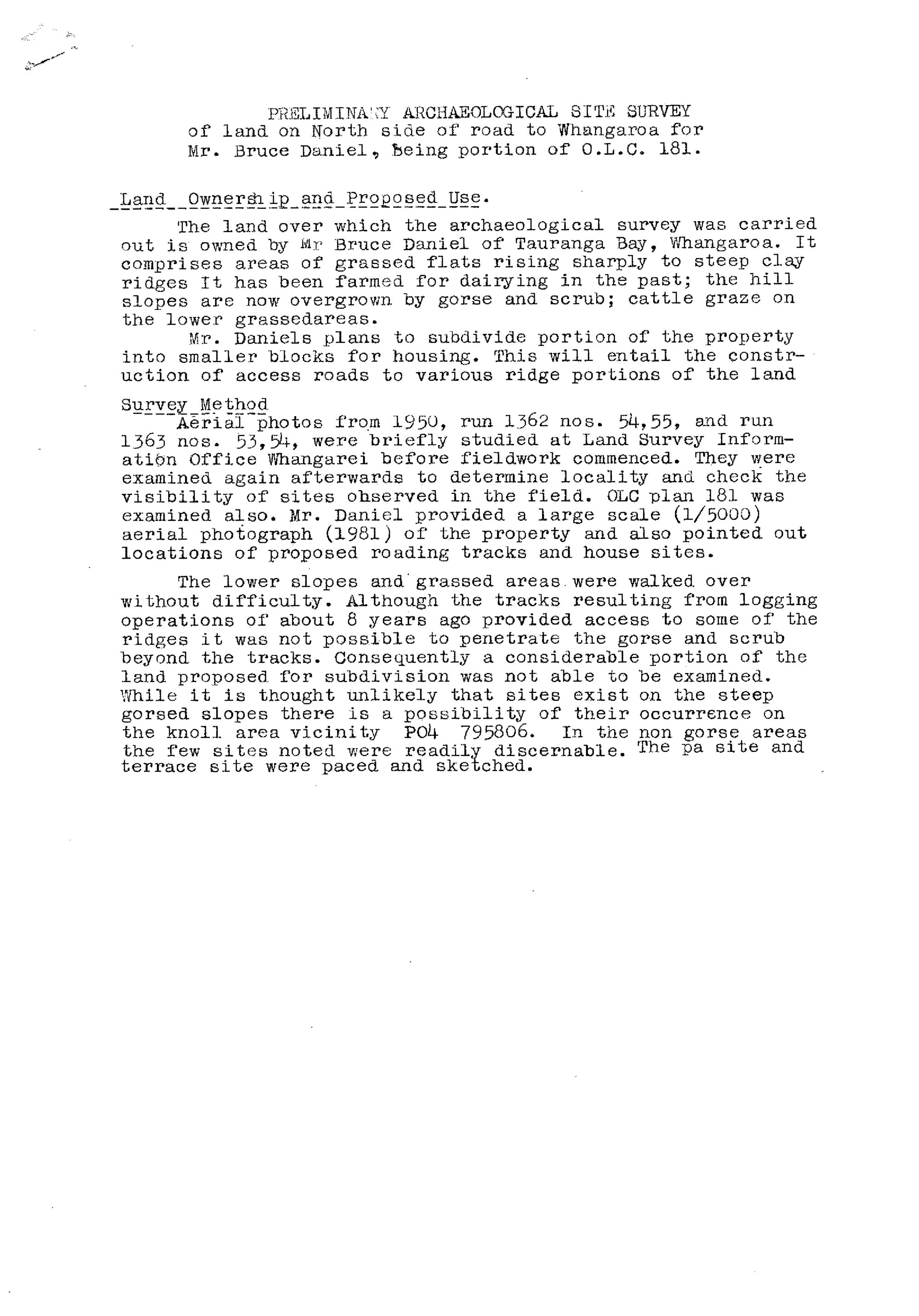 Preliminary archaeological site survey of land on North side of road to Whangaroa, being portion of O.L.C 181