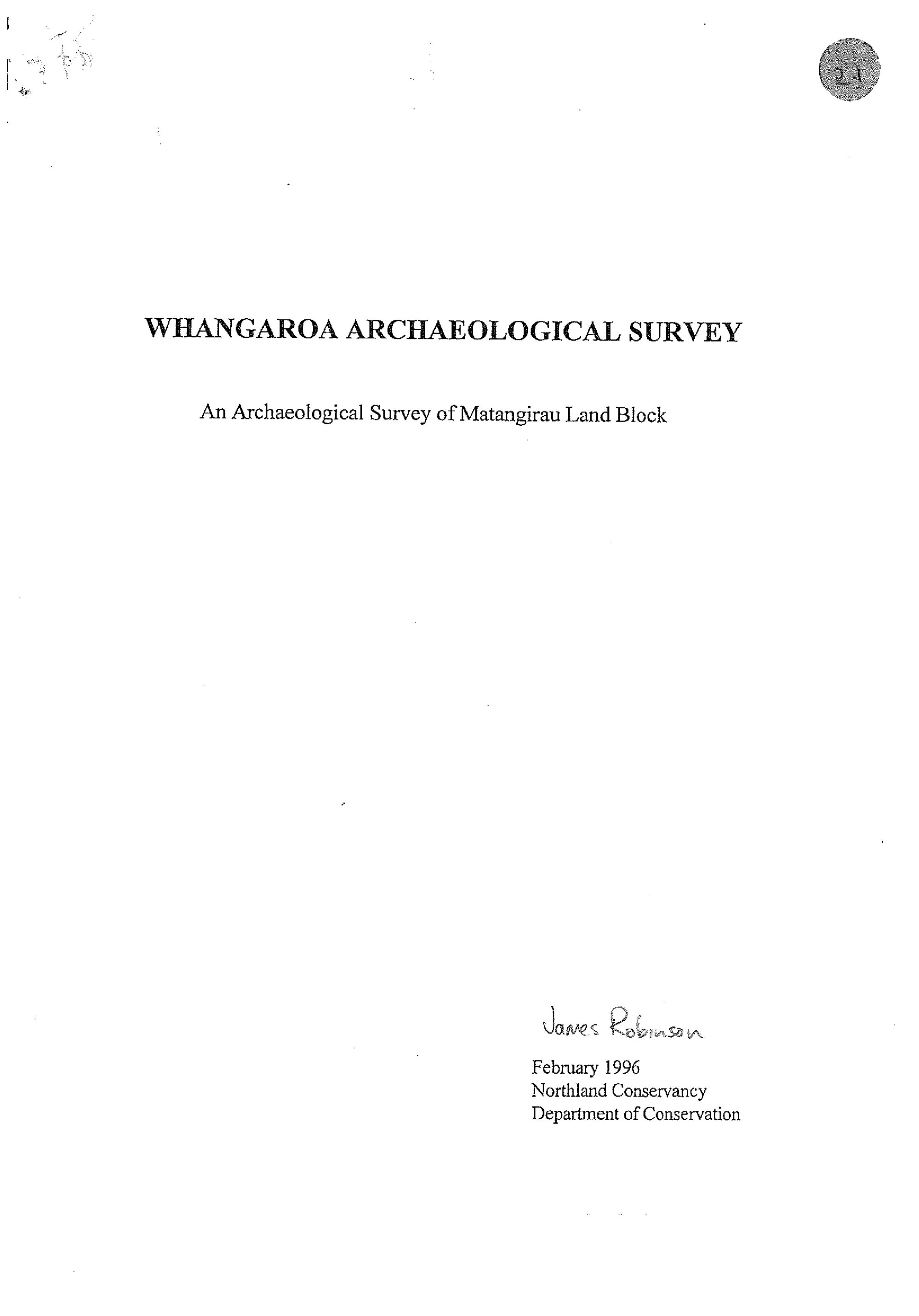 Whangaroa archaeological survey. An archaeological survey of Matangirau Land Block