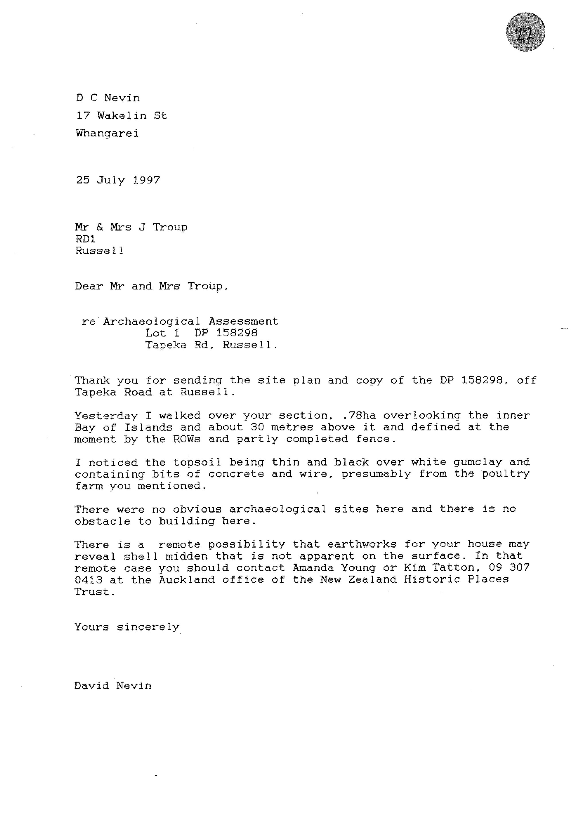 Correspondence re Archaeological assessment, Lot 1 DP 158298, Tapeka Rd, Russell