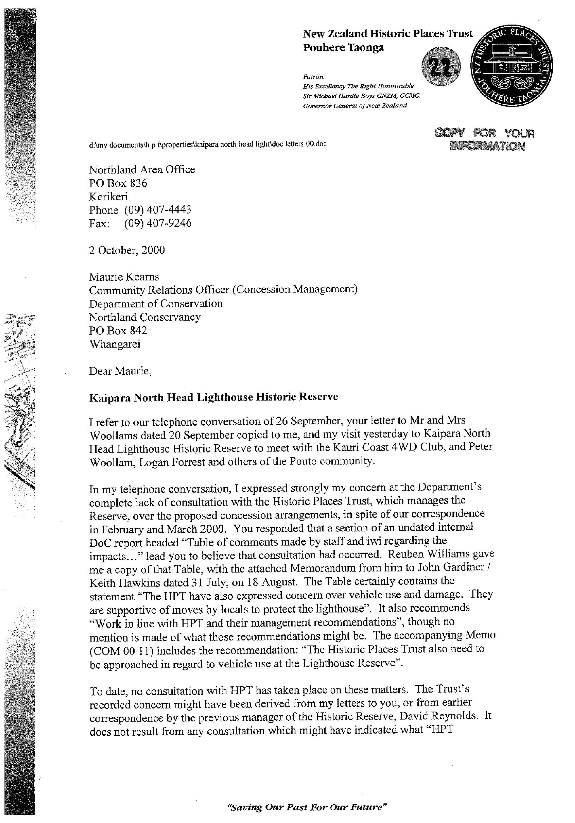 Correspondence regarding Kaipara North Head Lighthouse Historic Reserve. Pouto.