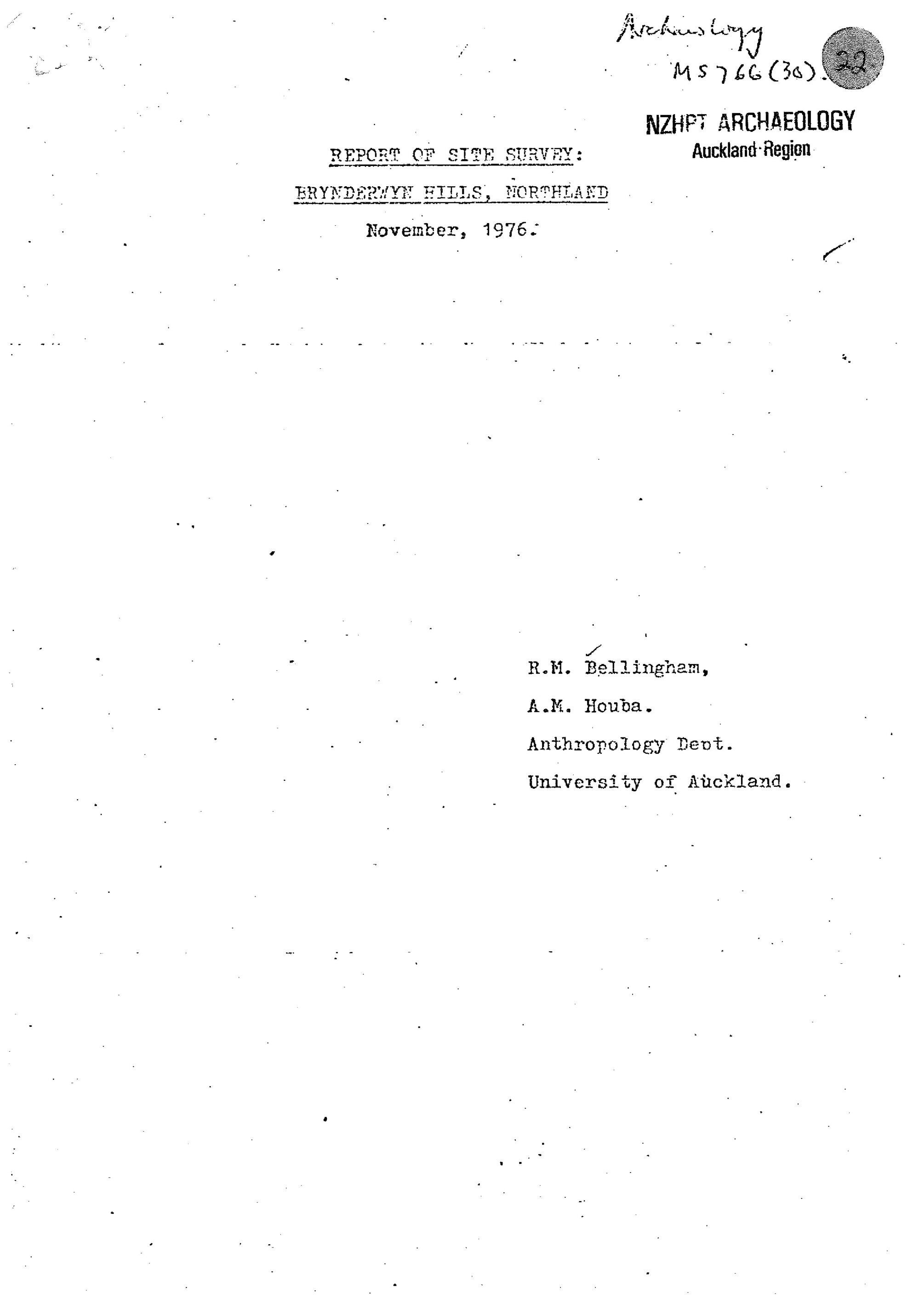 Report of site survey. Brynderwyn Hills Northland