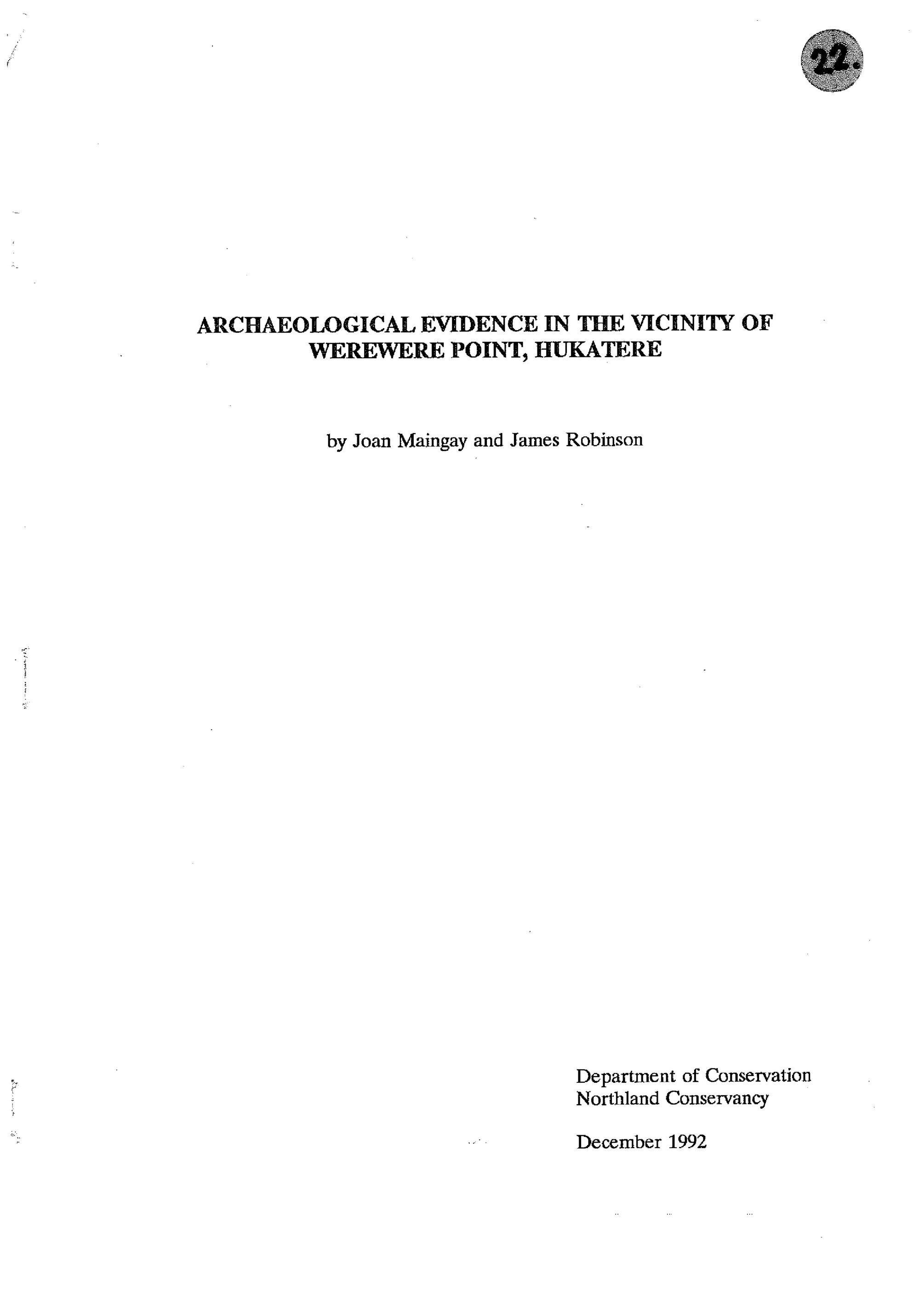 Archaeological evidence in the vicinity of Werewere Point, Hukatere