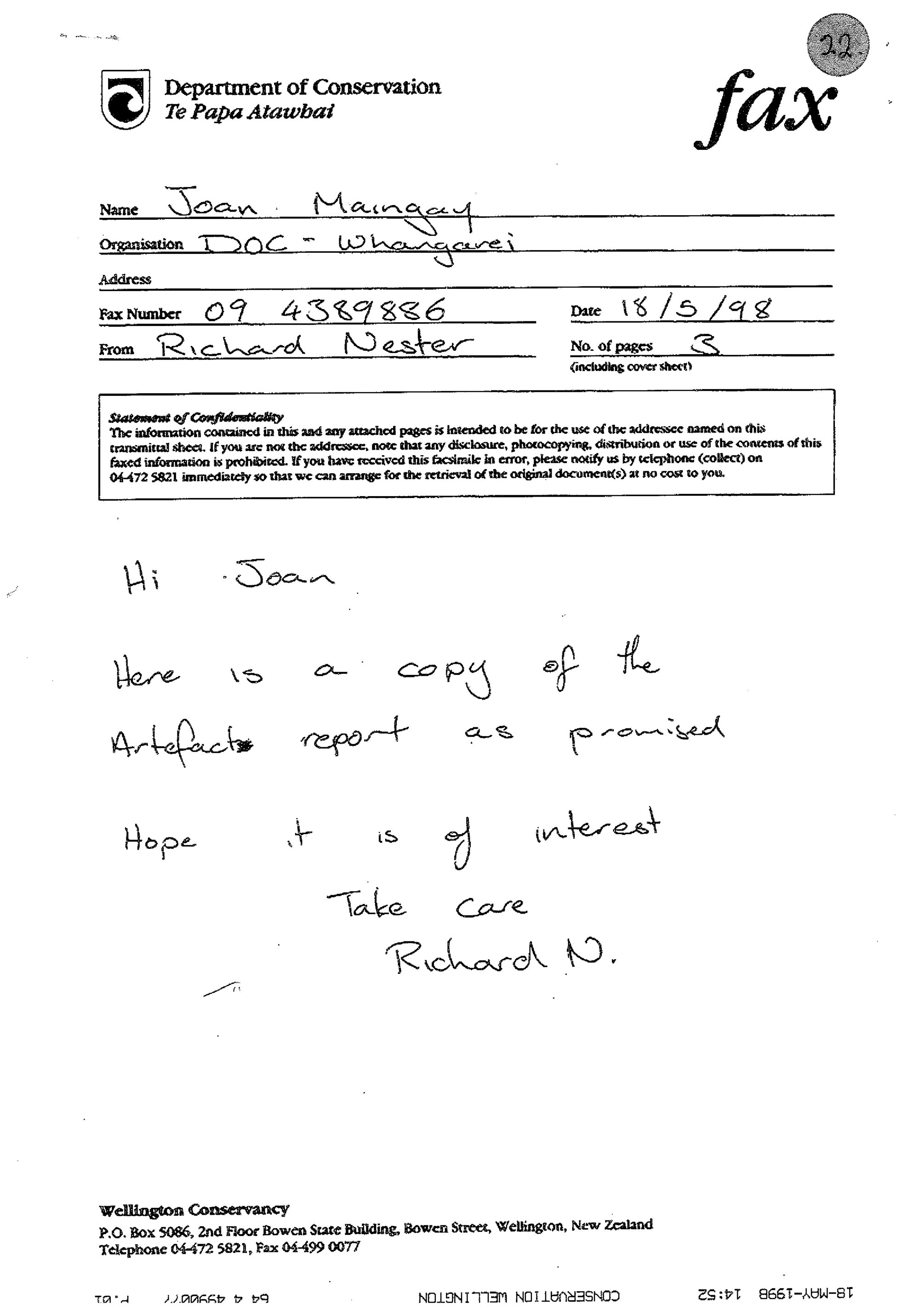 Correspondence re Hei Tiki found on Somes Island