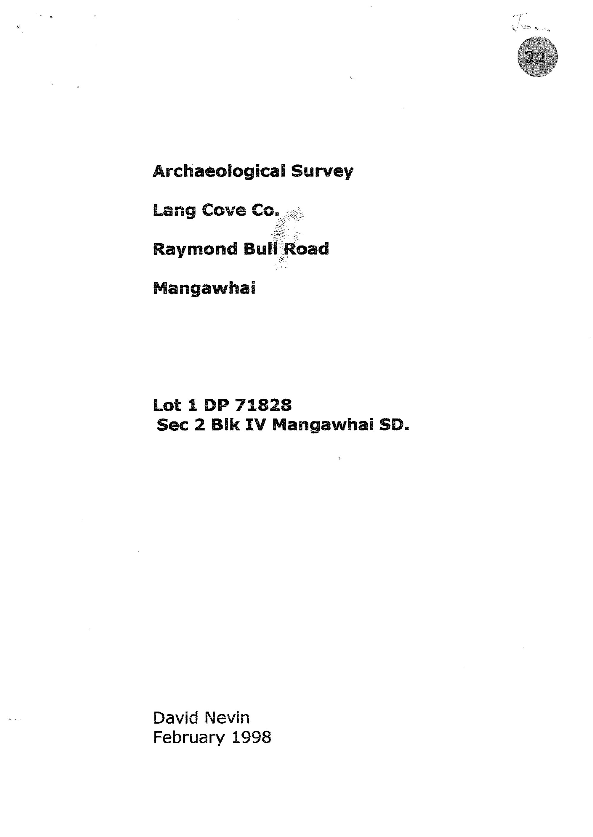 Archaeological survey Lang Cove Co. Raymond Bull Road, Mangawhai