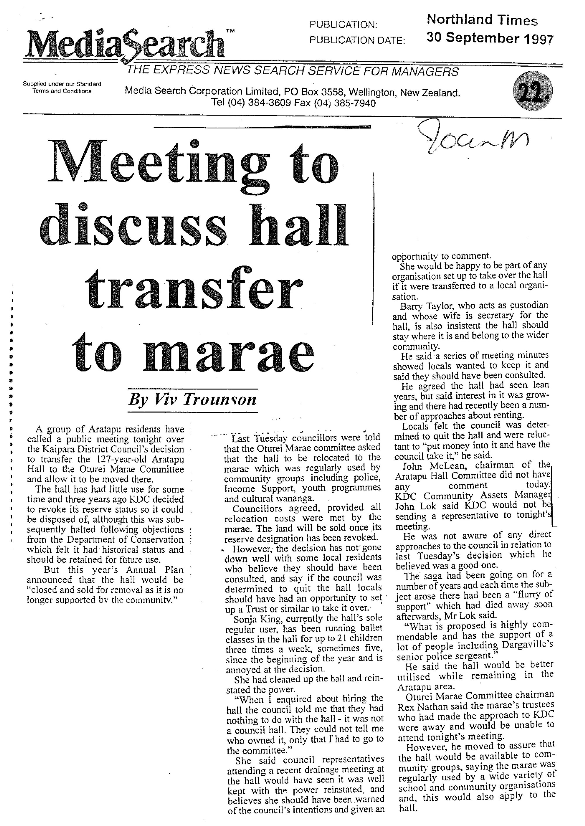 Media Search. Aratapu, Oturei Marae. Hall transfer