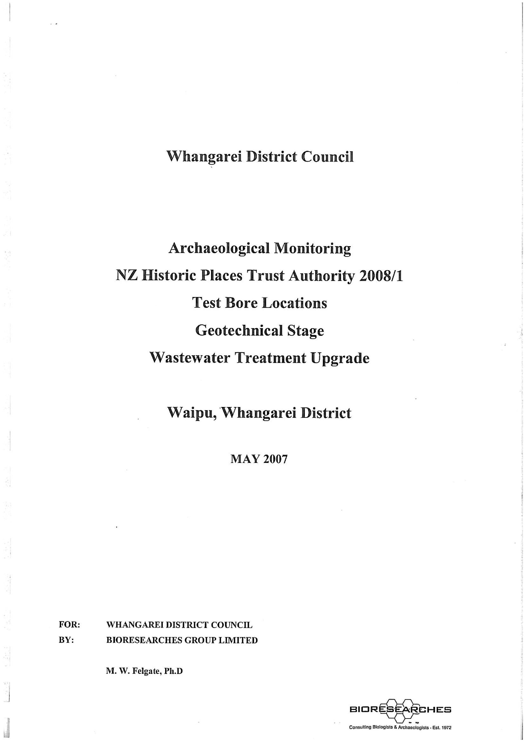 Archaeological monitoring. Test bore locations, geotechnical stage wastewater treatment upgrade, Waipu