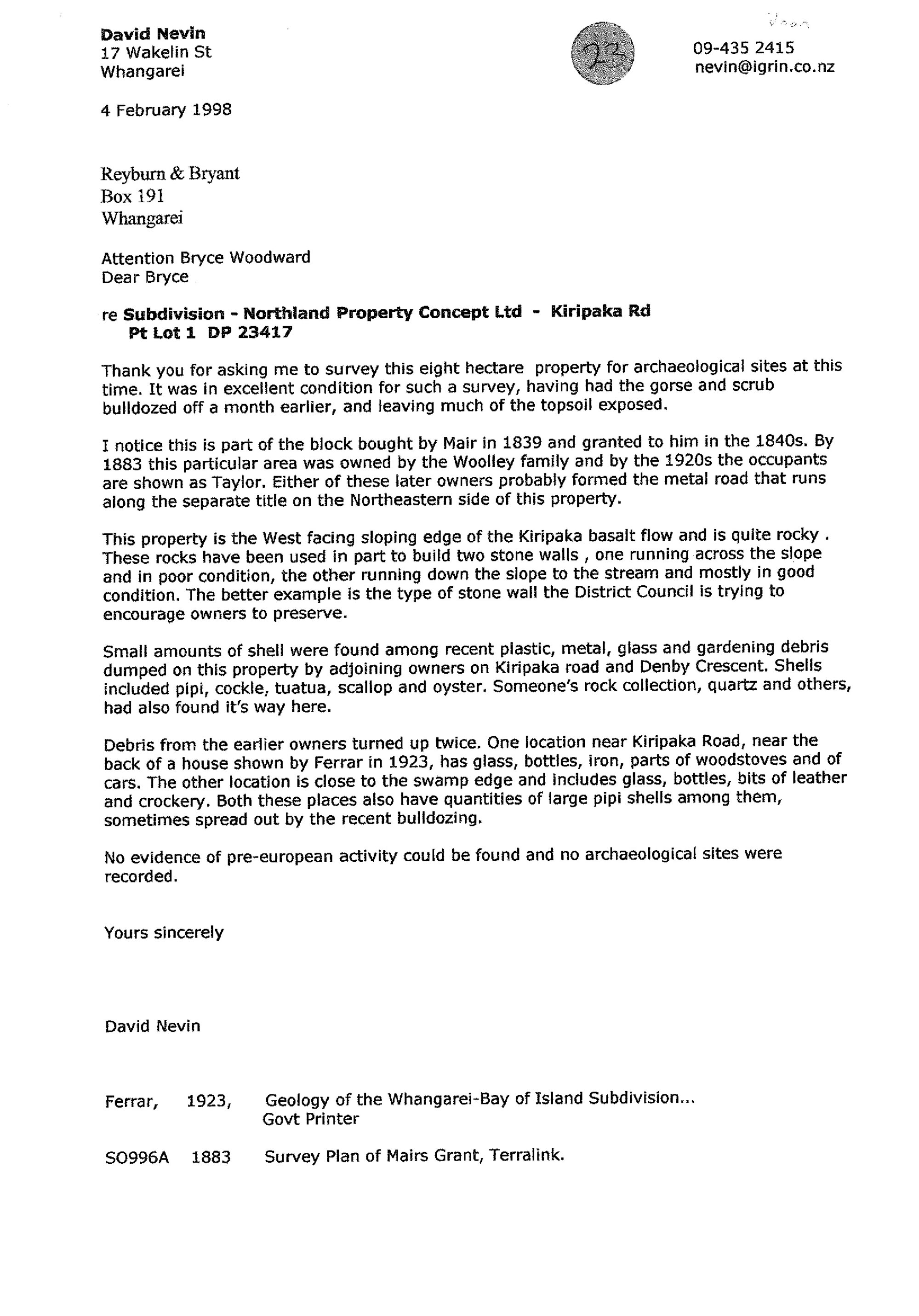 Correspondence re subdivision - Kiripaka Rd Pt Lot 1 DP 23417