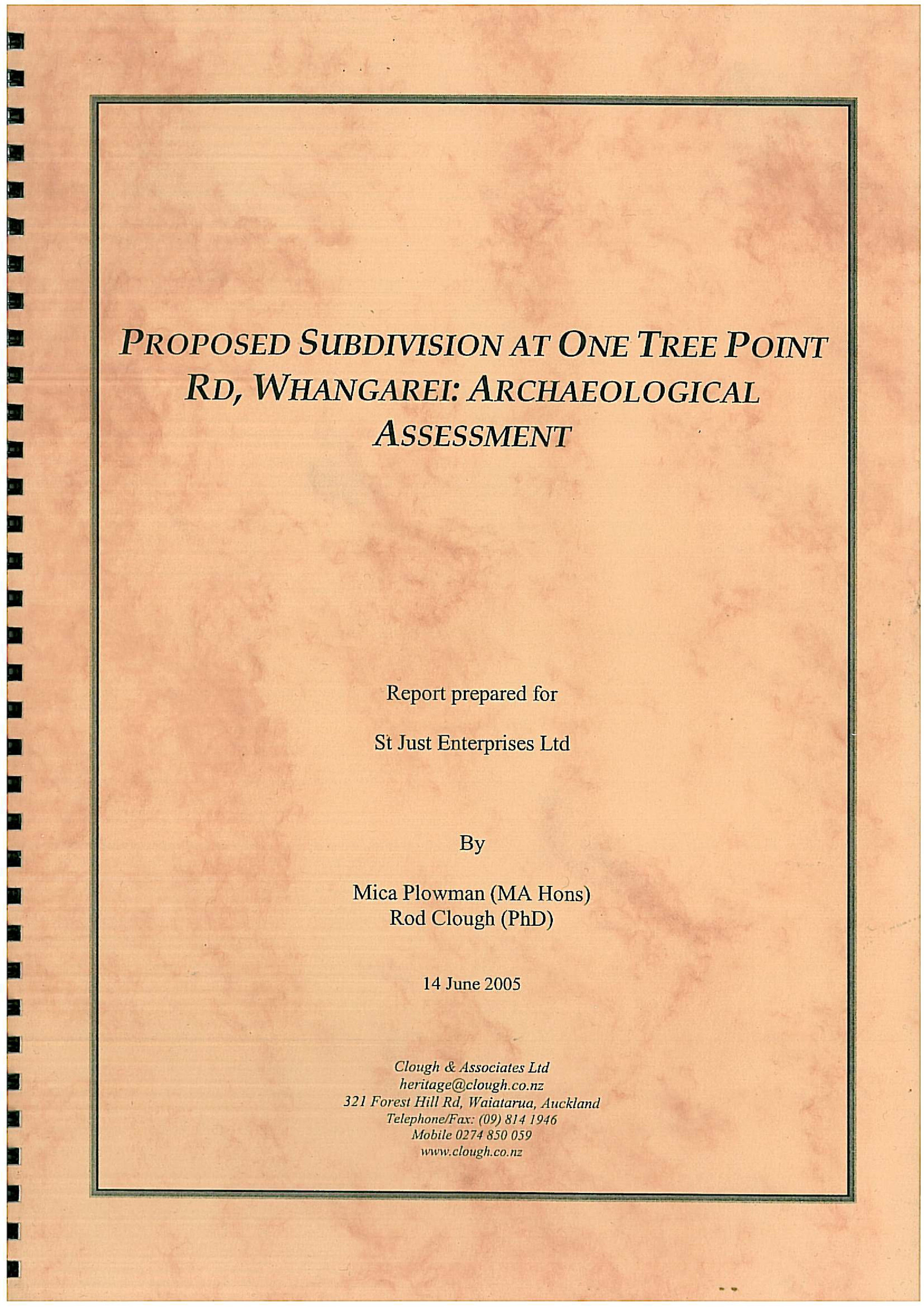 Proposed subdivision at One Tree Point Rd, Whangarei. Archaeological assessment