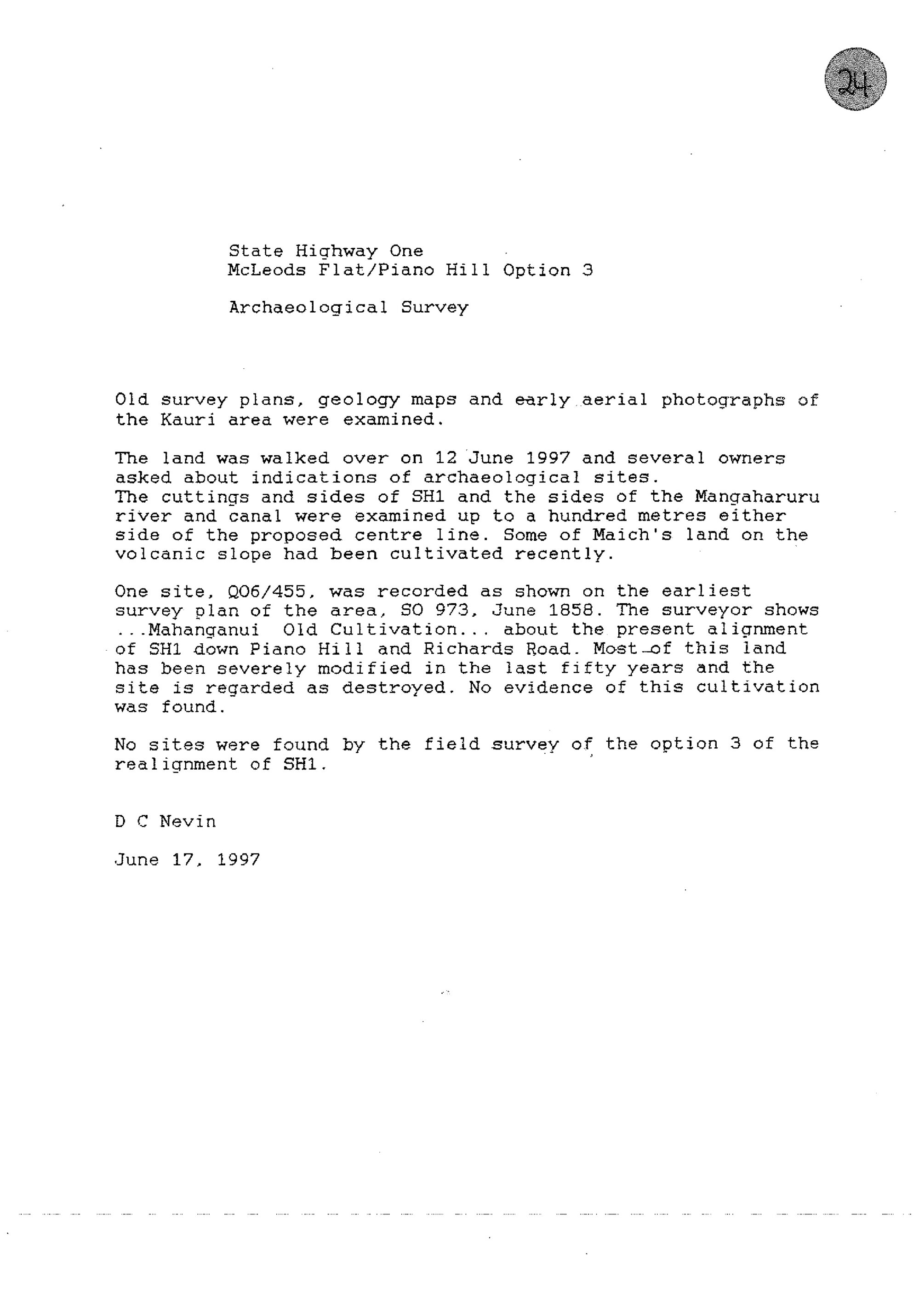 State Highway One, McLeods Flat-Piano Hill option 3. Archaeological Survey