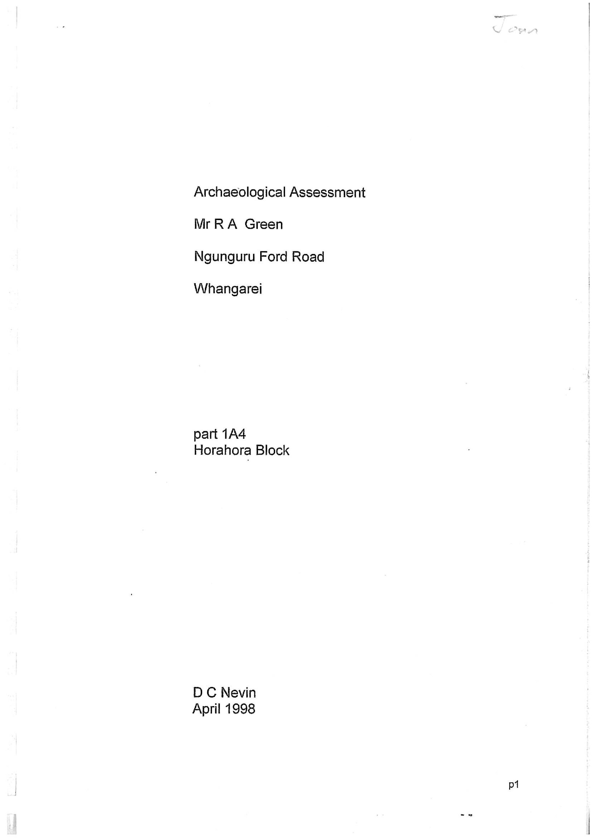  Archaeological assessment, Ngunguru Ford Rd. Whangarei, part 1A4 Horahora Block