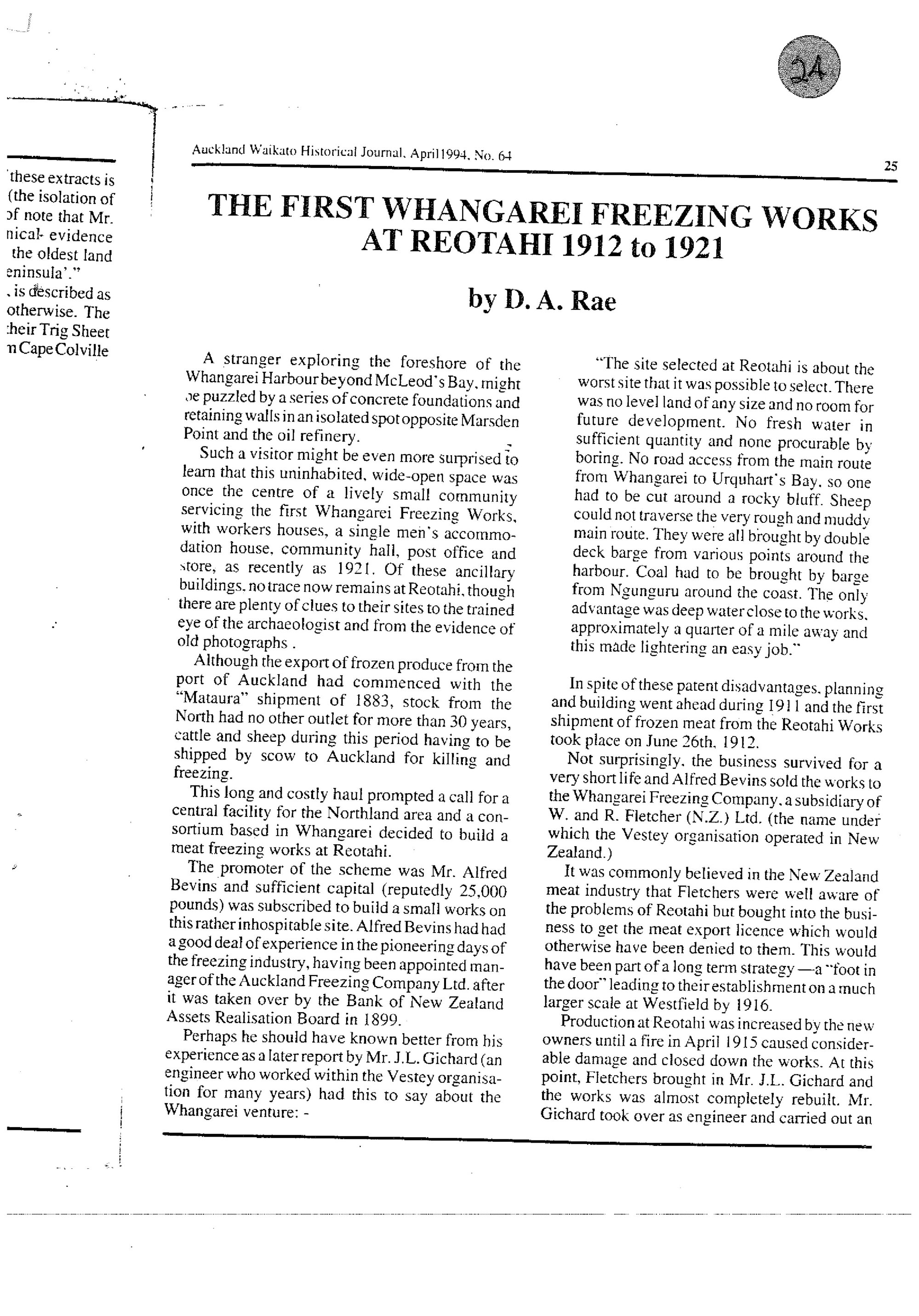 The first Whangarei freezing works at Reotahi 1912 - 1921